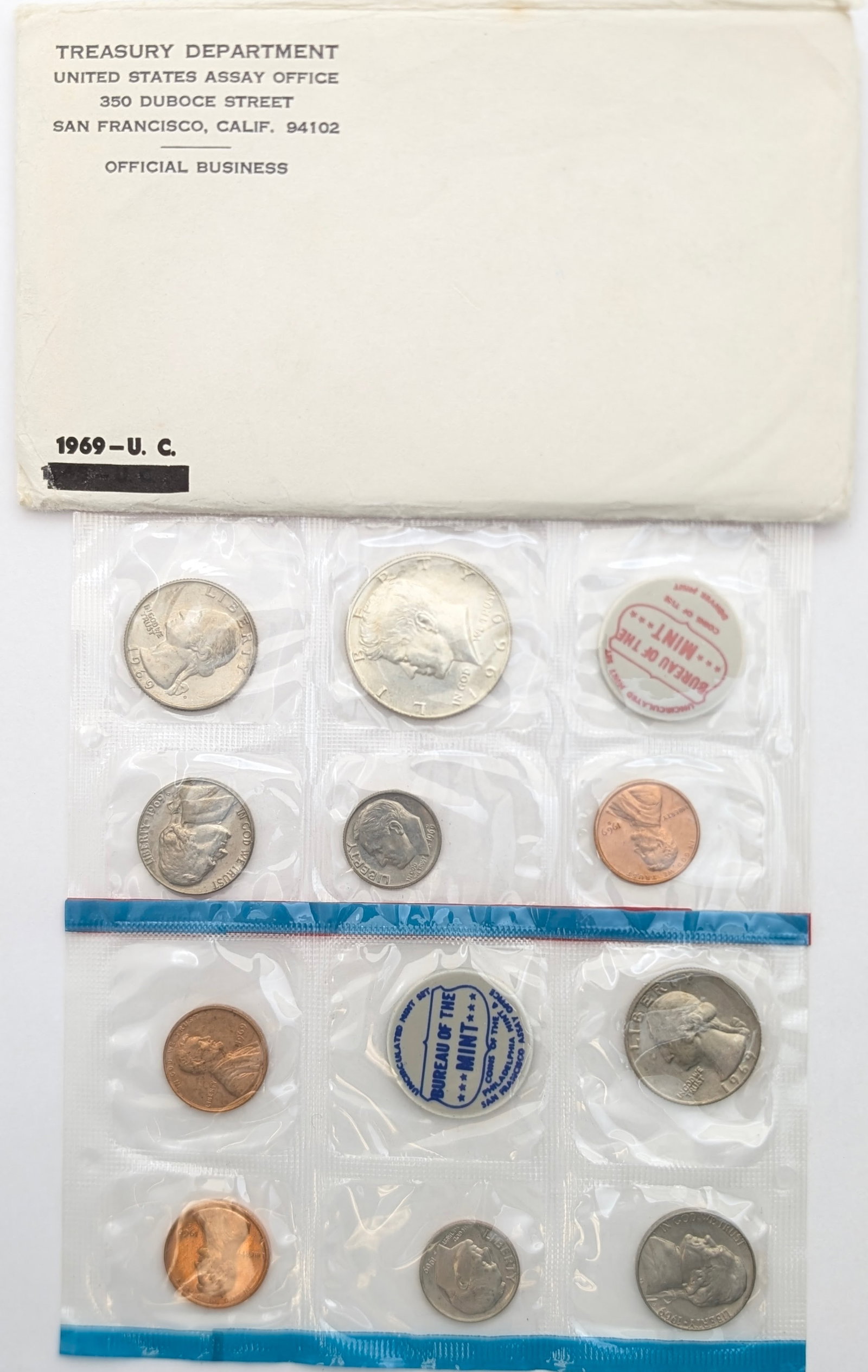 1969 US Mint Uncirculated Coin Set w/ Silver JFK Half: 40% Silver