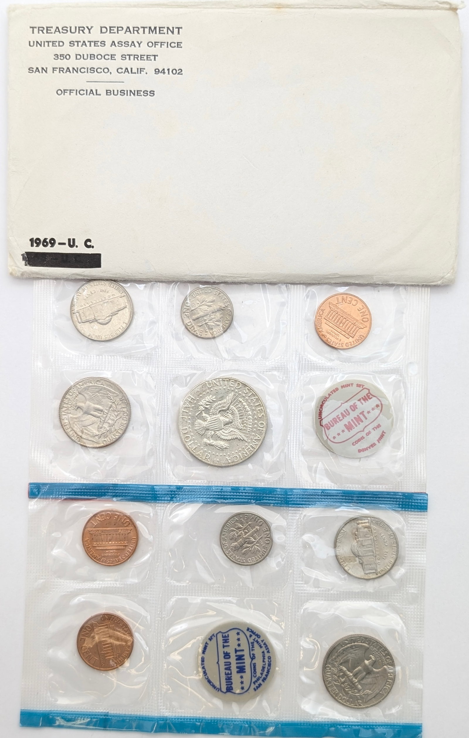 1969 US Mint Uncirculated Coin Set w/ Silver JFK Half - 2