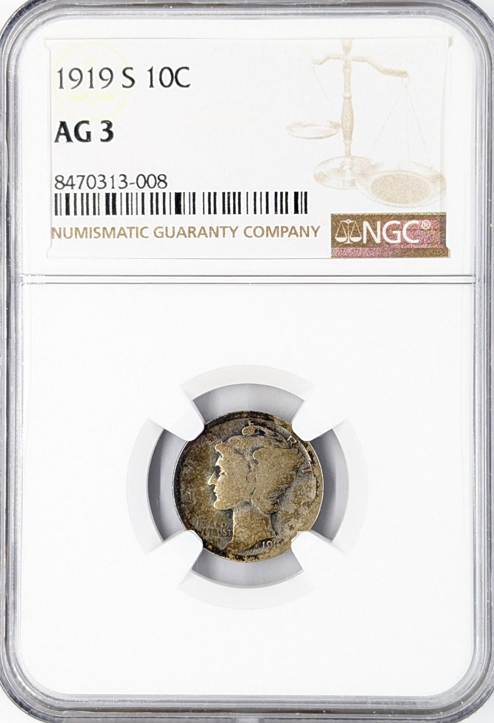 NGC 1919-S AG3 Silver Mercury Dime: Silver