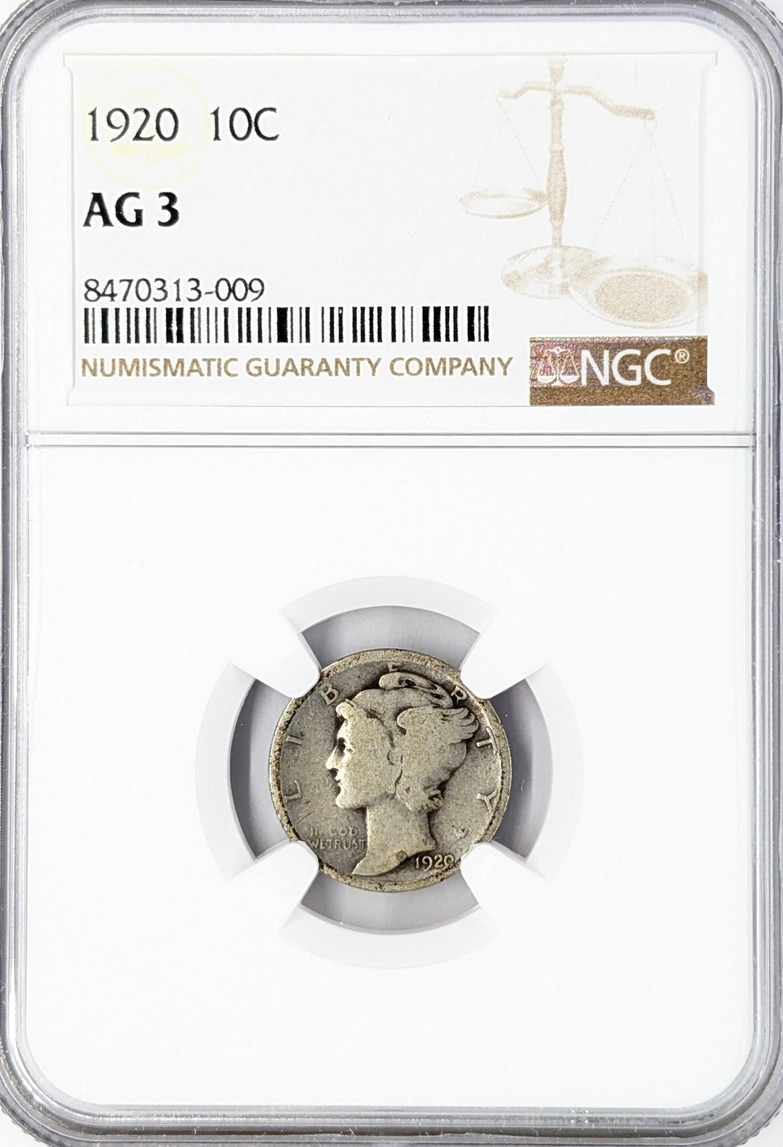 NGC 1920 AG3 Silver Mercury Dime: Silver
