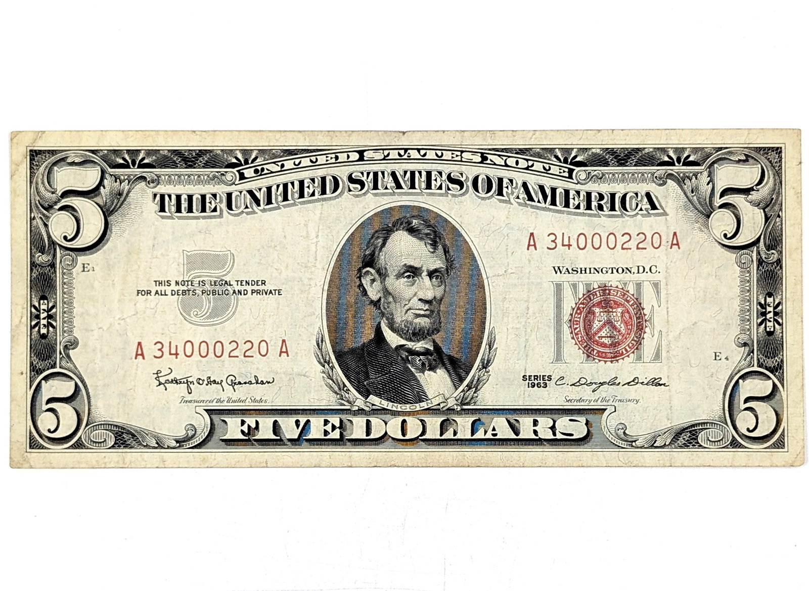 1963 $5 Note - Red Seal - Repeater "34000220": Circulated Condition