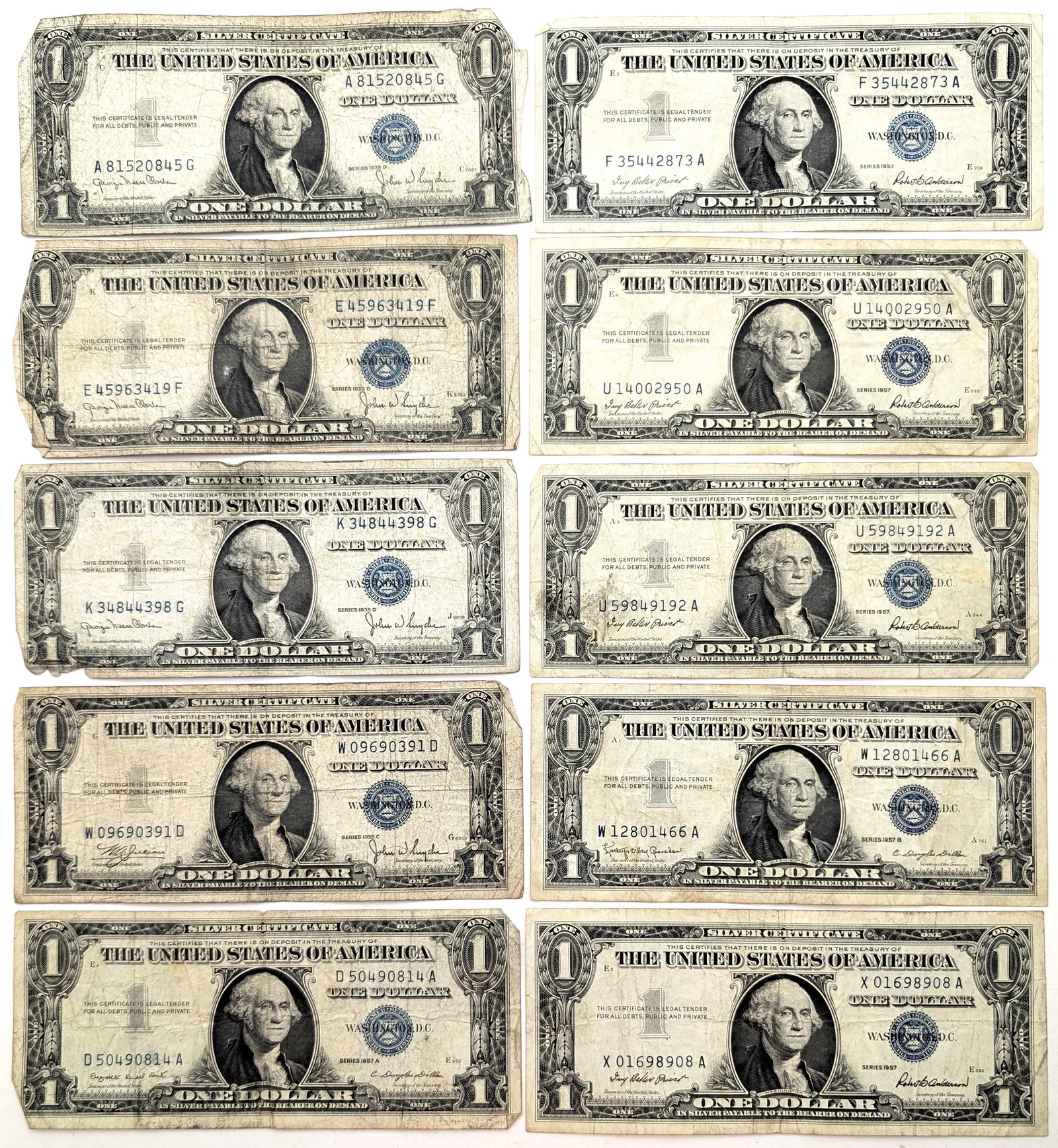 Lot of 10 - 1935 & 1957 $1 Notes - Silver Certificates (1 of 2)