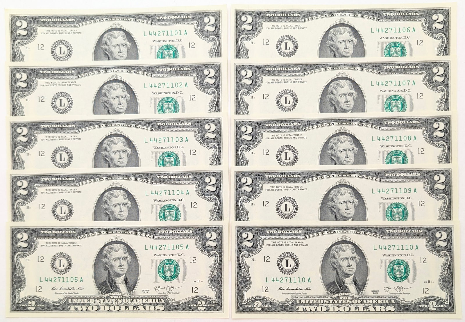 Lot of 10 Uncirculated Sequential $2 Notes - Green Seals (1 of 2)