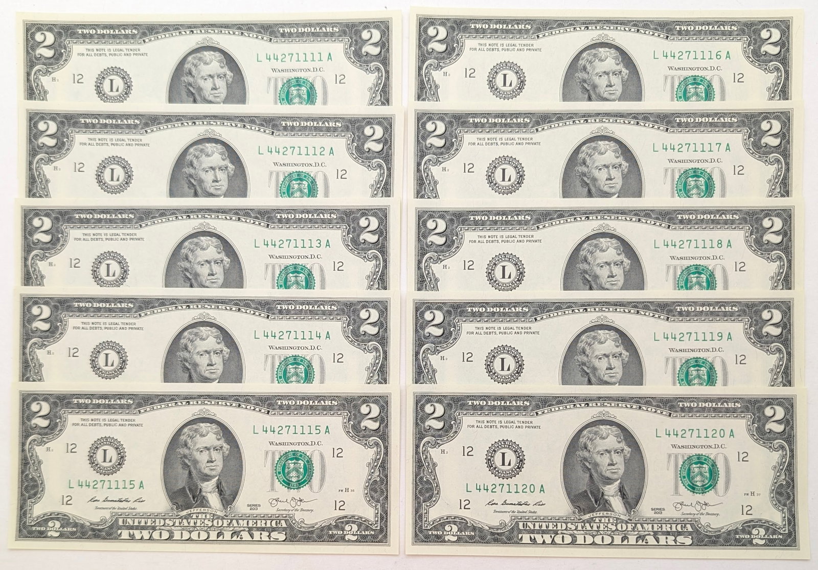 Lot of 10 Uncirculated Sequential $2 Notes - Green Seals (1 of 2)