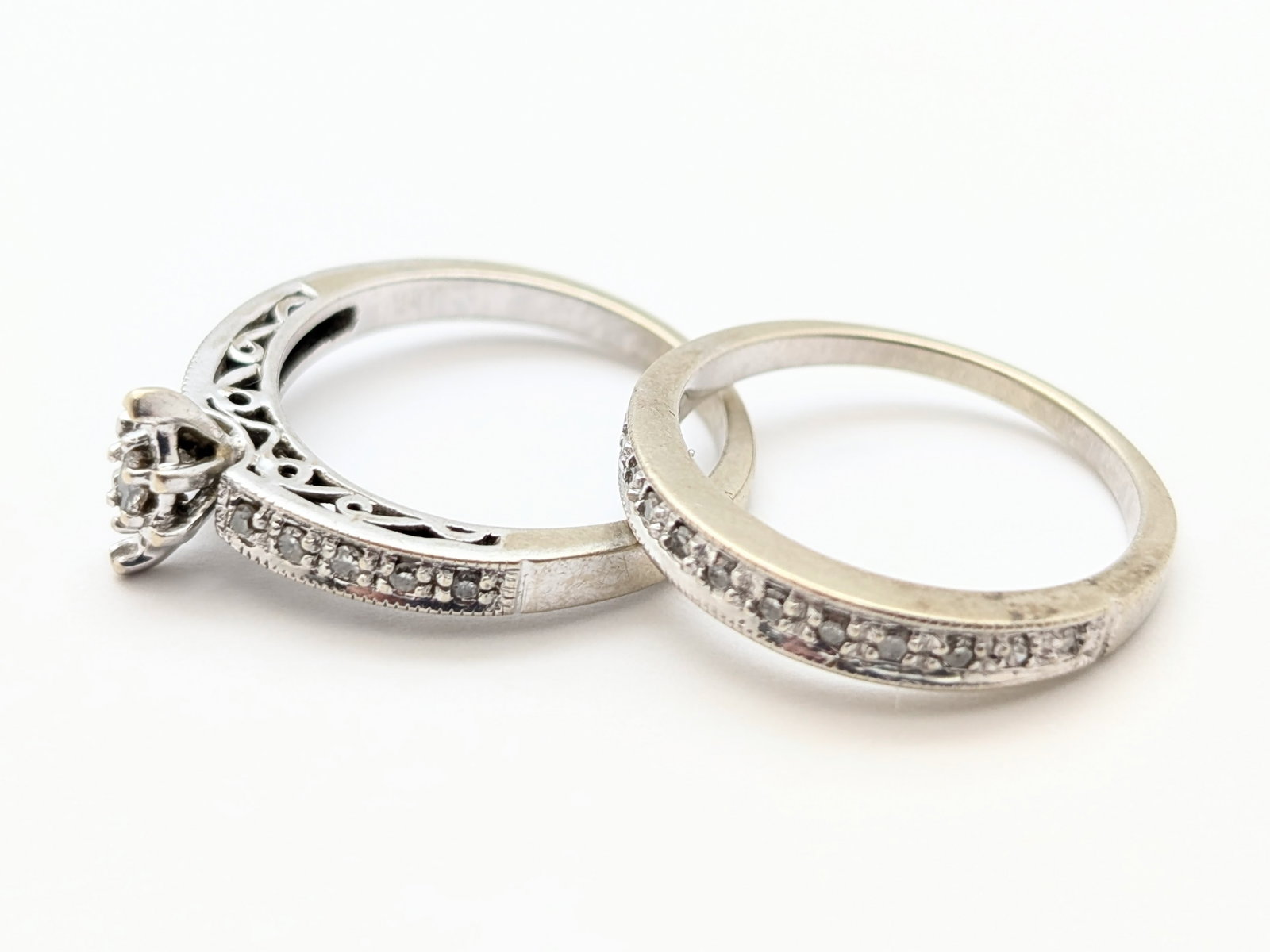 FEATURE 10K White Gold Diamond Engagement Ring w/ Filigree Design & Band - 5.59g - 4