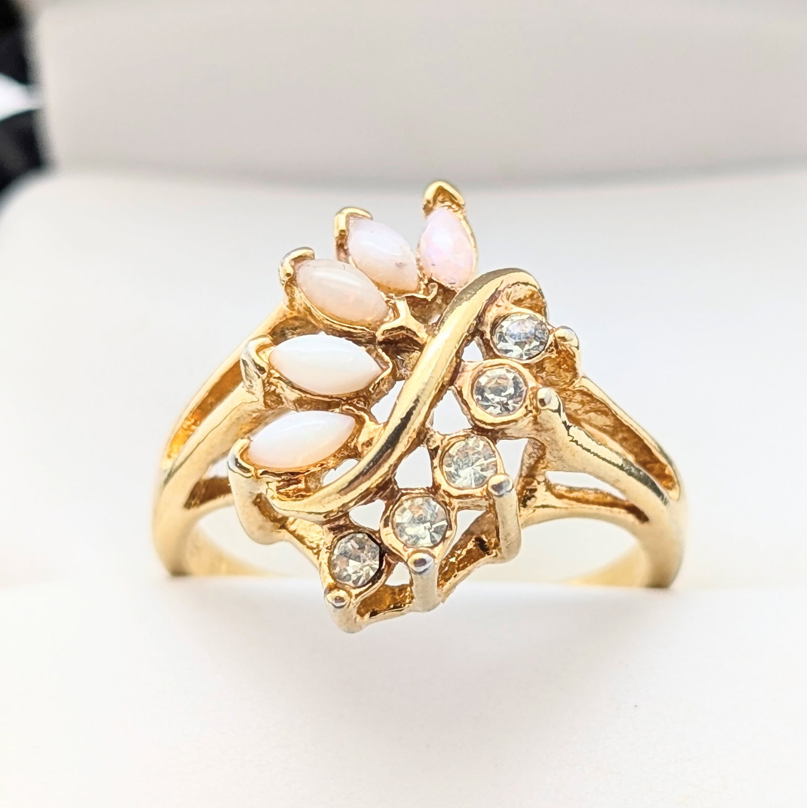 Uncas Vermeil plated Sterling Silver Cocktail Ring w/ Marquise-cut Faux Opals & Rhinestone Accents: Made by Uncas International Size: 7.5