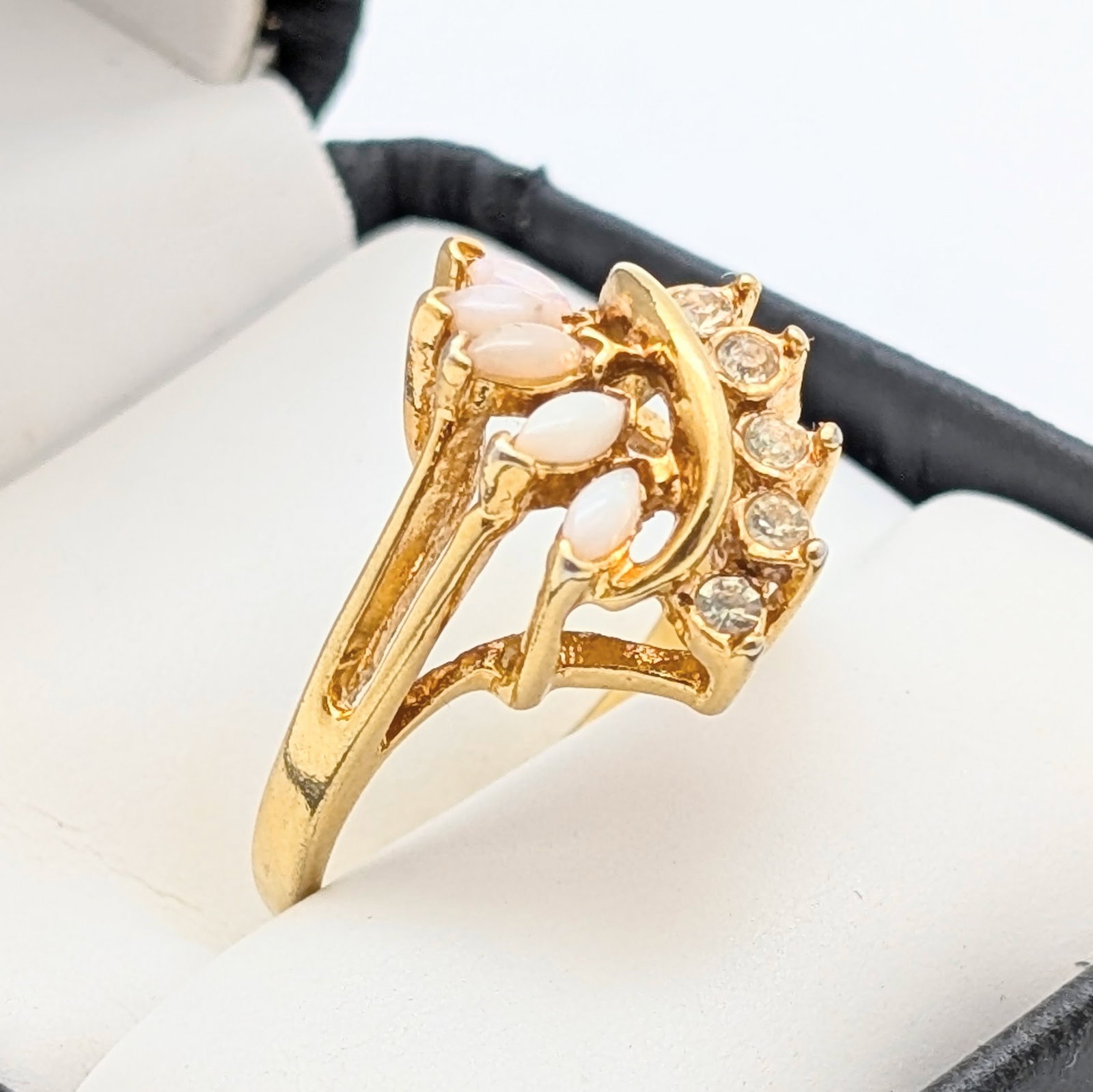 Uncas Vermeil plated Sterling Silver Cocktail Ring w/ Marquise-cut Faux Opals & Rhinestone Accents - 2