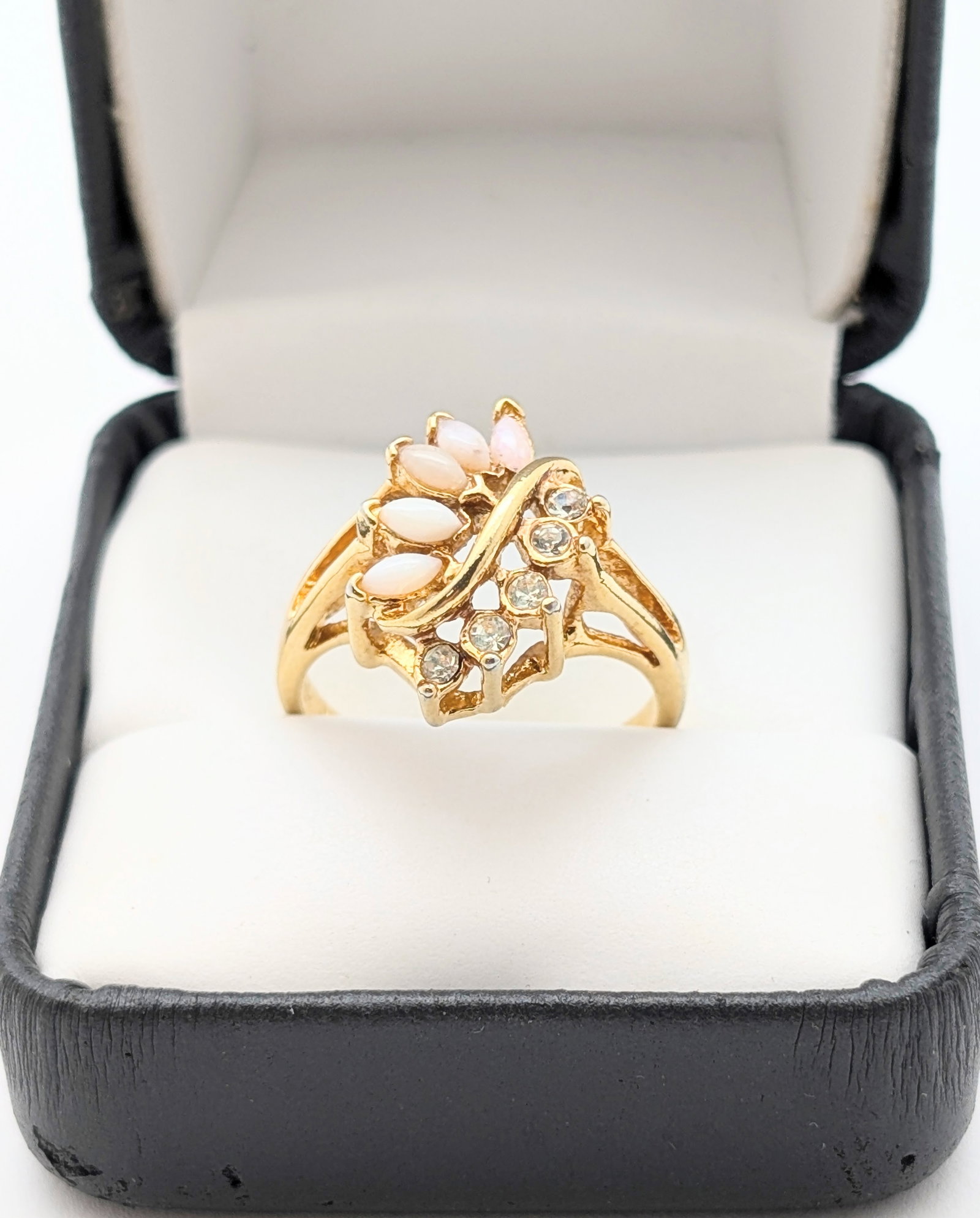Uncas Vermeil plated Sterling Silver Cocktail Ring w/ Marquise-cut Faux Opals & Rhinestone Accents - 3