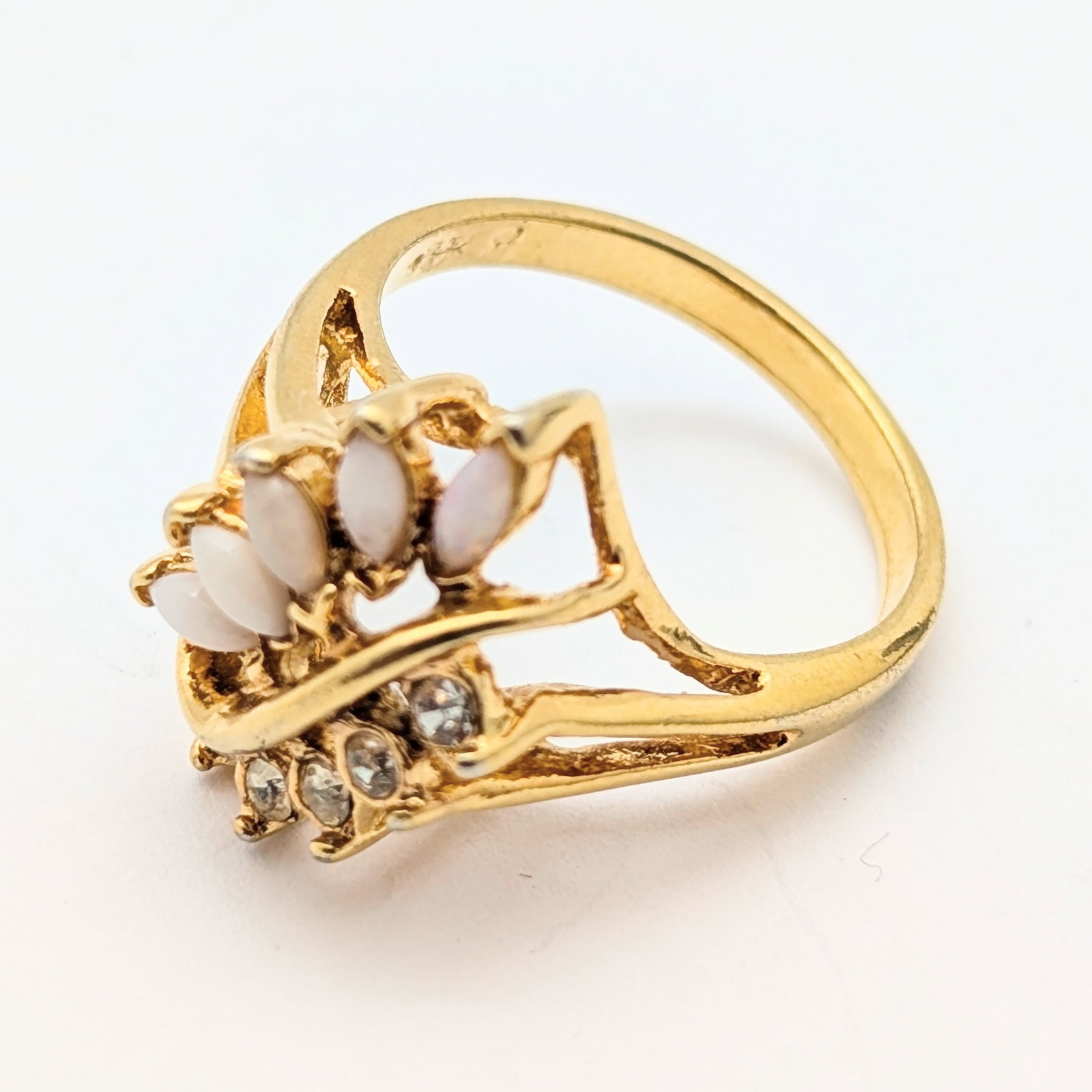 Uncas Vermeil plated Sterling Silver Cocktail Ring w/ Marquise-cut Faux Opals & Rhinestone Accents - 4