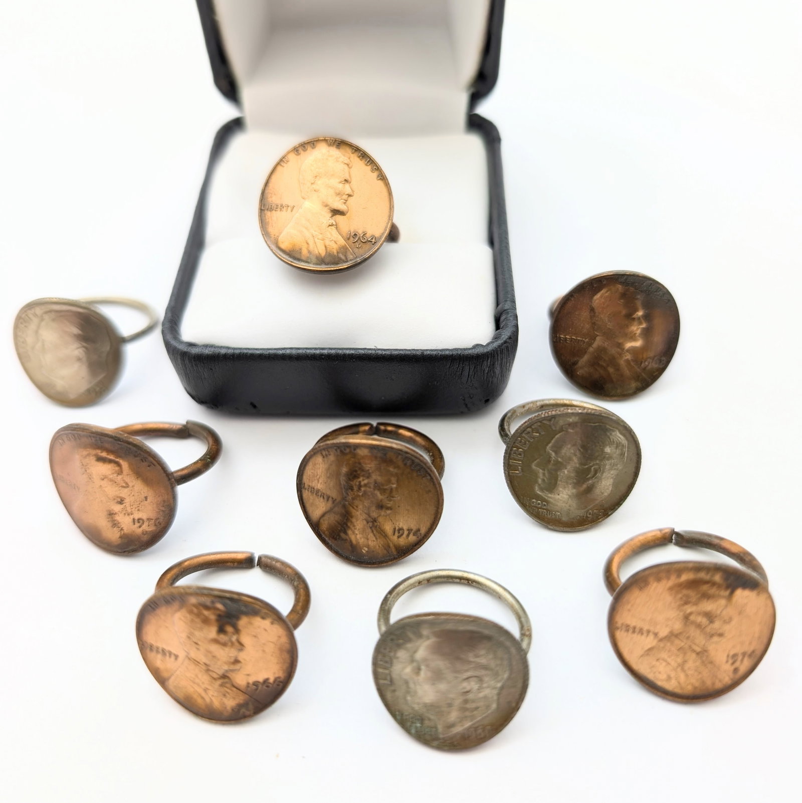 Lot of 9 Handmade Lincoln Cent & Roosevelt Dime Rings: Various Sizes, Some Adjustable