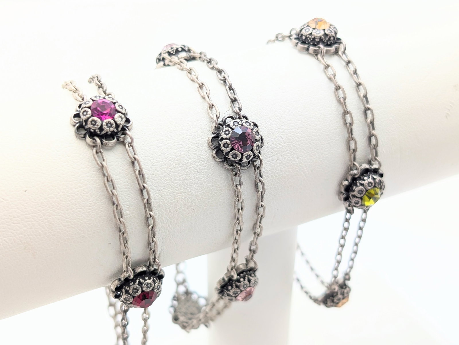 Lot of 3 Colored Rhinestone Floral Silver-tone Bracelets: Jewelry