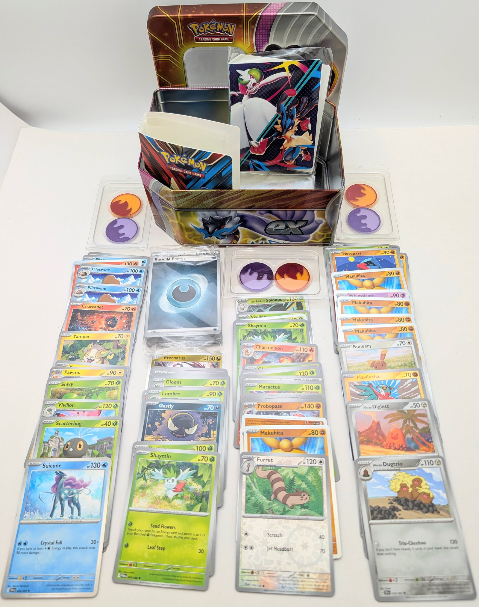 Large Lot of Pokemon Cards, Poison/Burn Condition Markers, Mini Portfolios & Tin: Pokemon