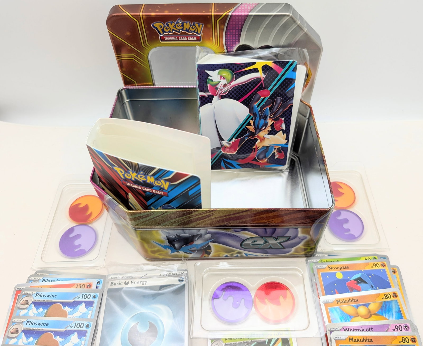 Large Lot of Pokemon Cards, Poison/Burn Condition Markers, Mini Portfolios & Tin - 3