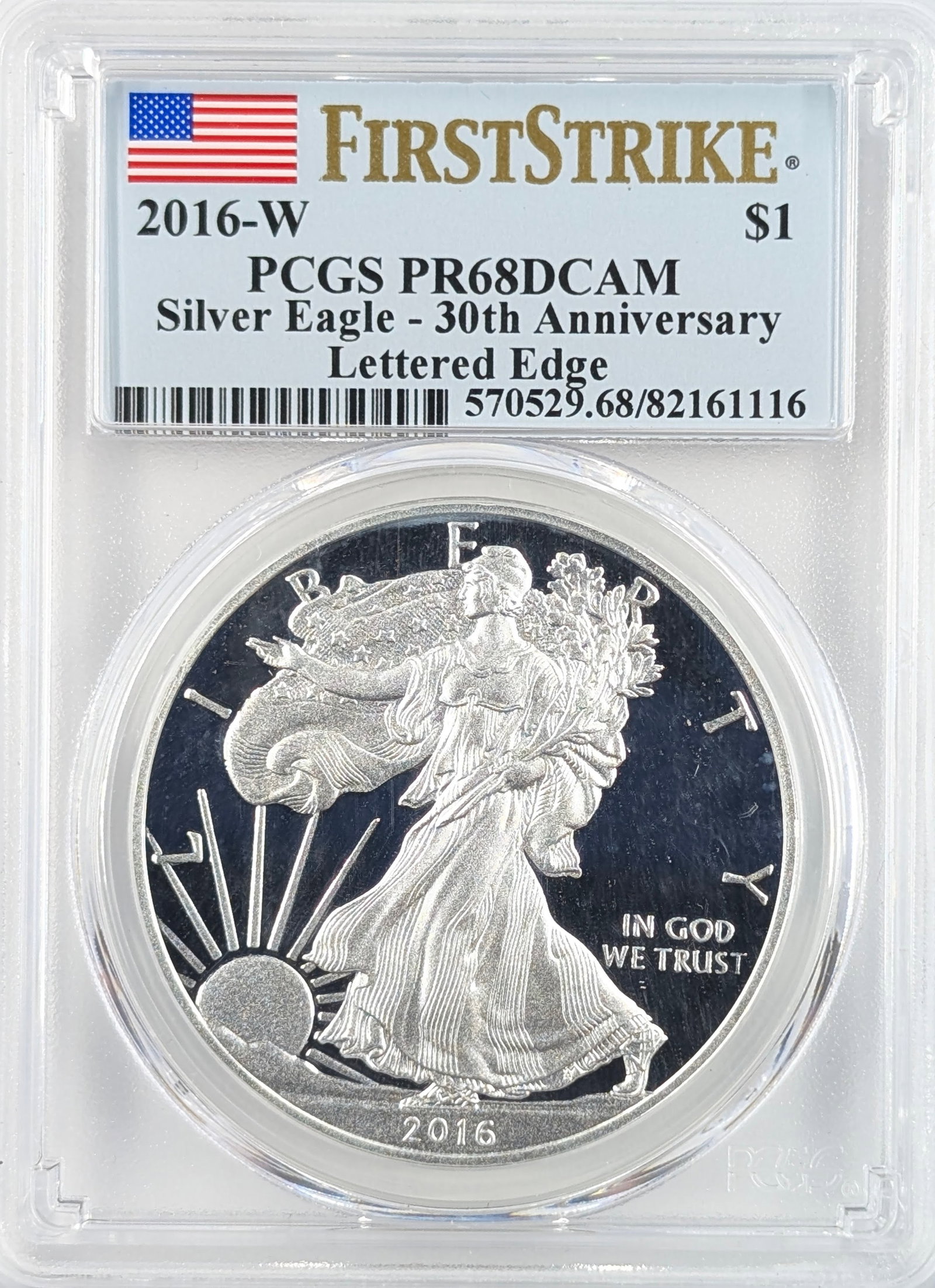 PCGS 2016-W PR68 DCAM American Silver Eagle Dollar - 30th Anniversary, Lettered Edge: Silver