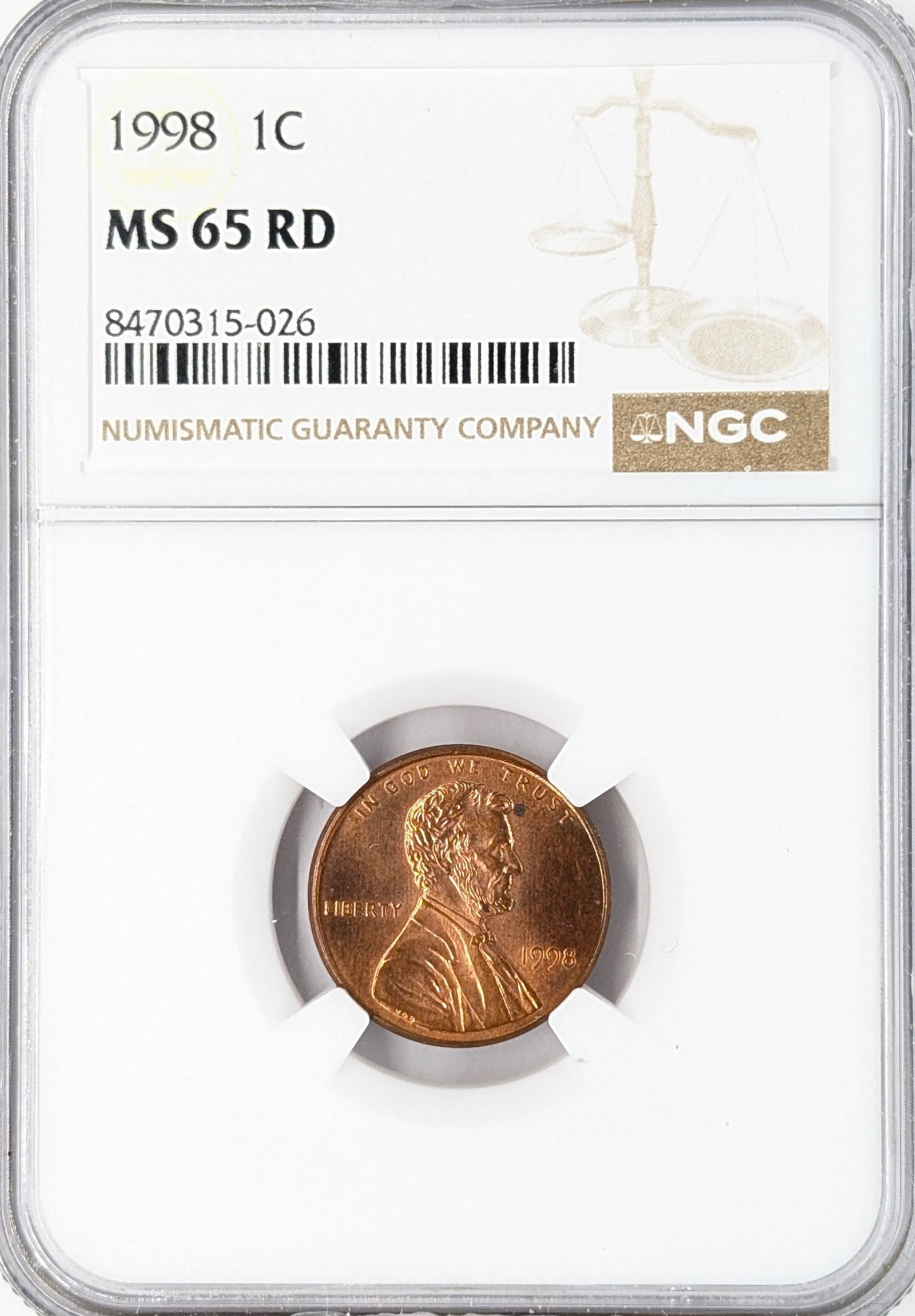NGC 1998 MS65 RD Lincoln Cent: Coin