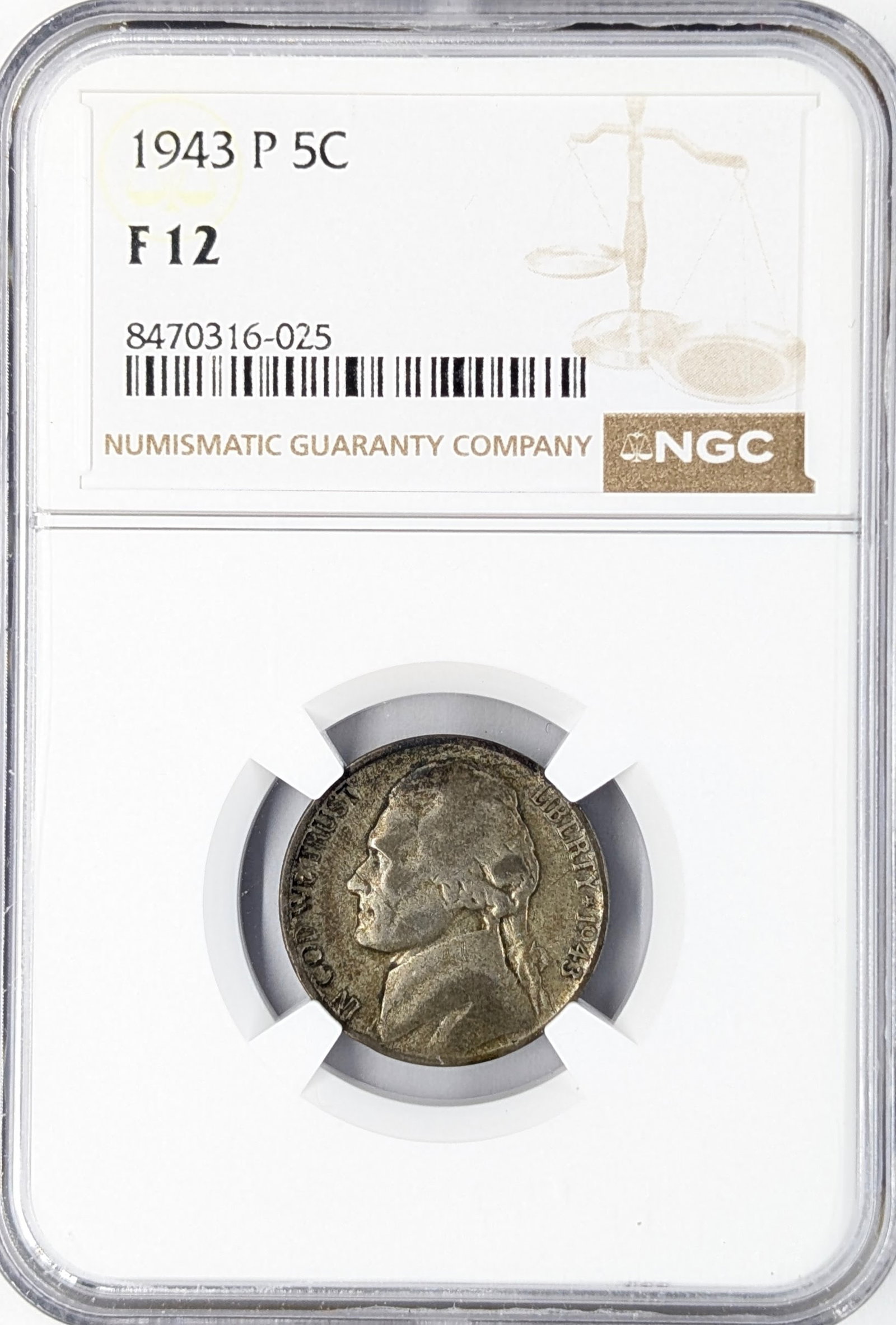 NGC 1943-P F12 Silver War Nickel: 35% Silver