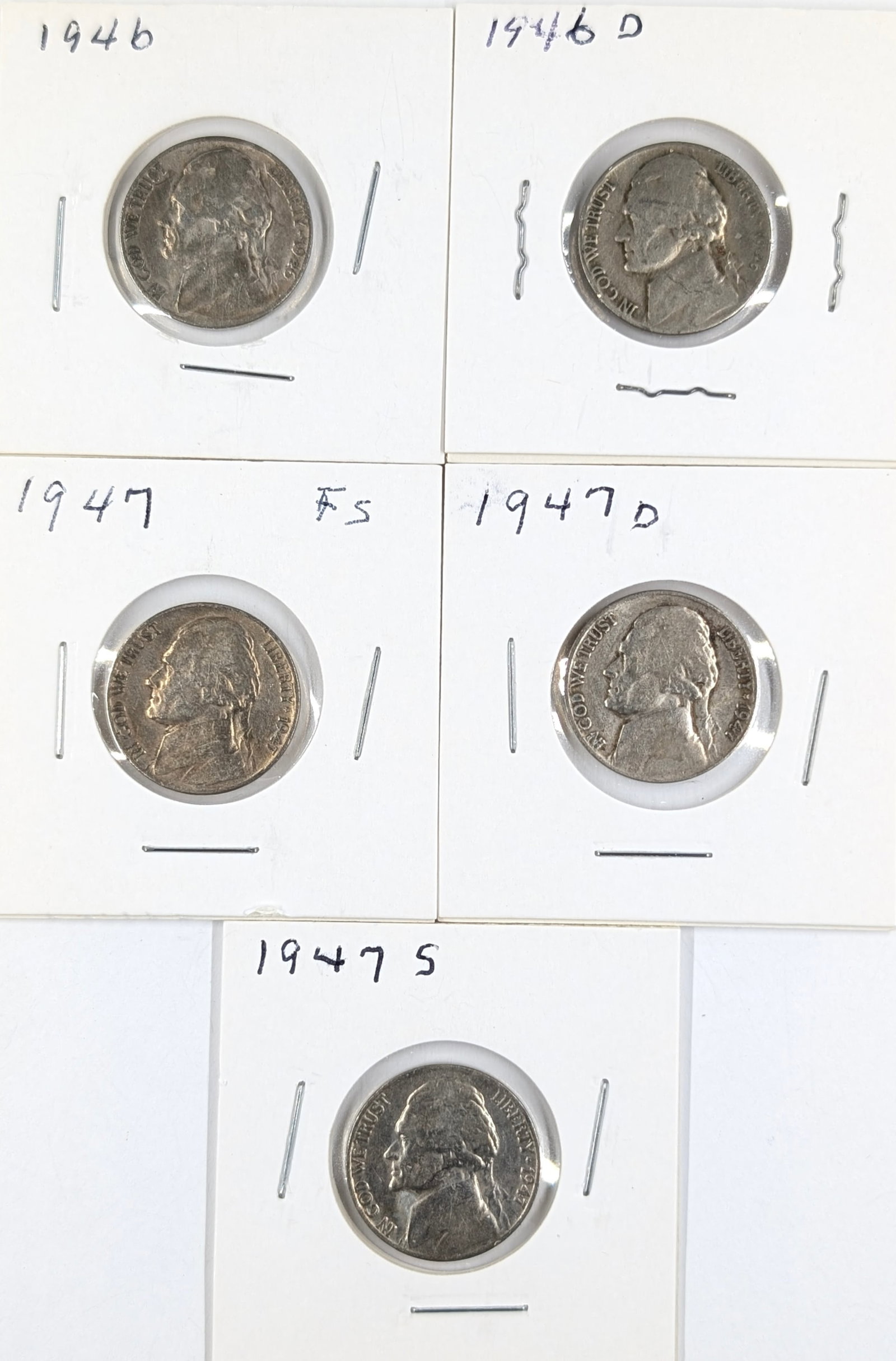 Lot of 5 Jefferson Nickels - 1946 P/D, 1947 P/D/S (1 of 2)