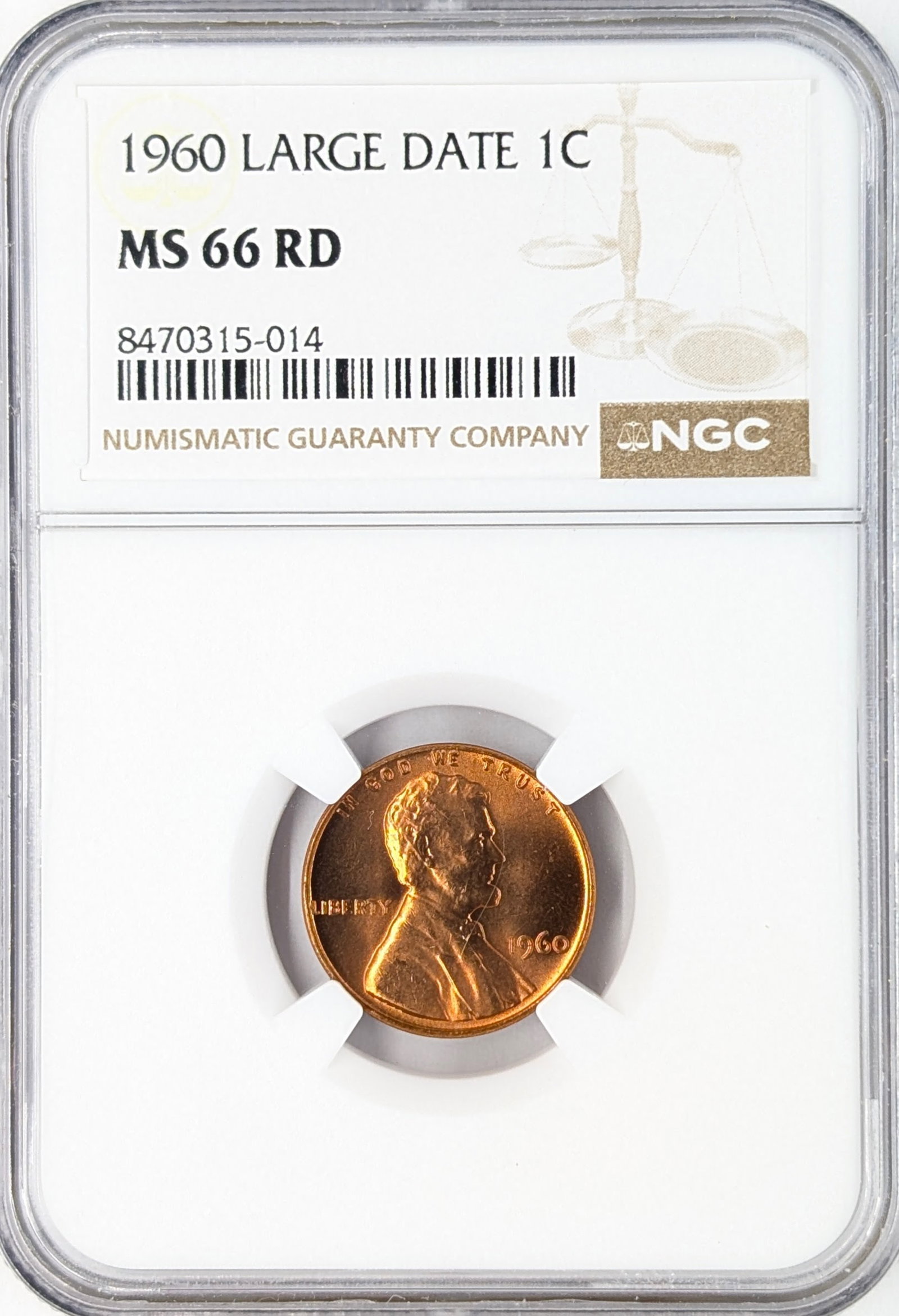 NGC 1960 MS66 RD Lincoln Cent - Large Date: Coin