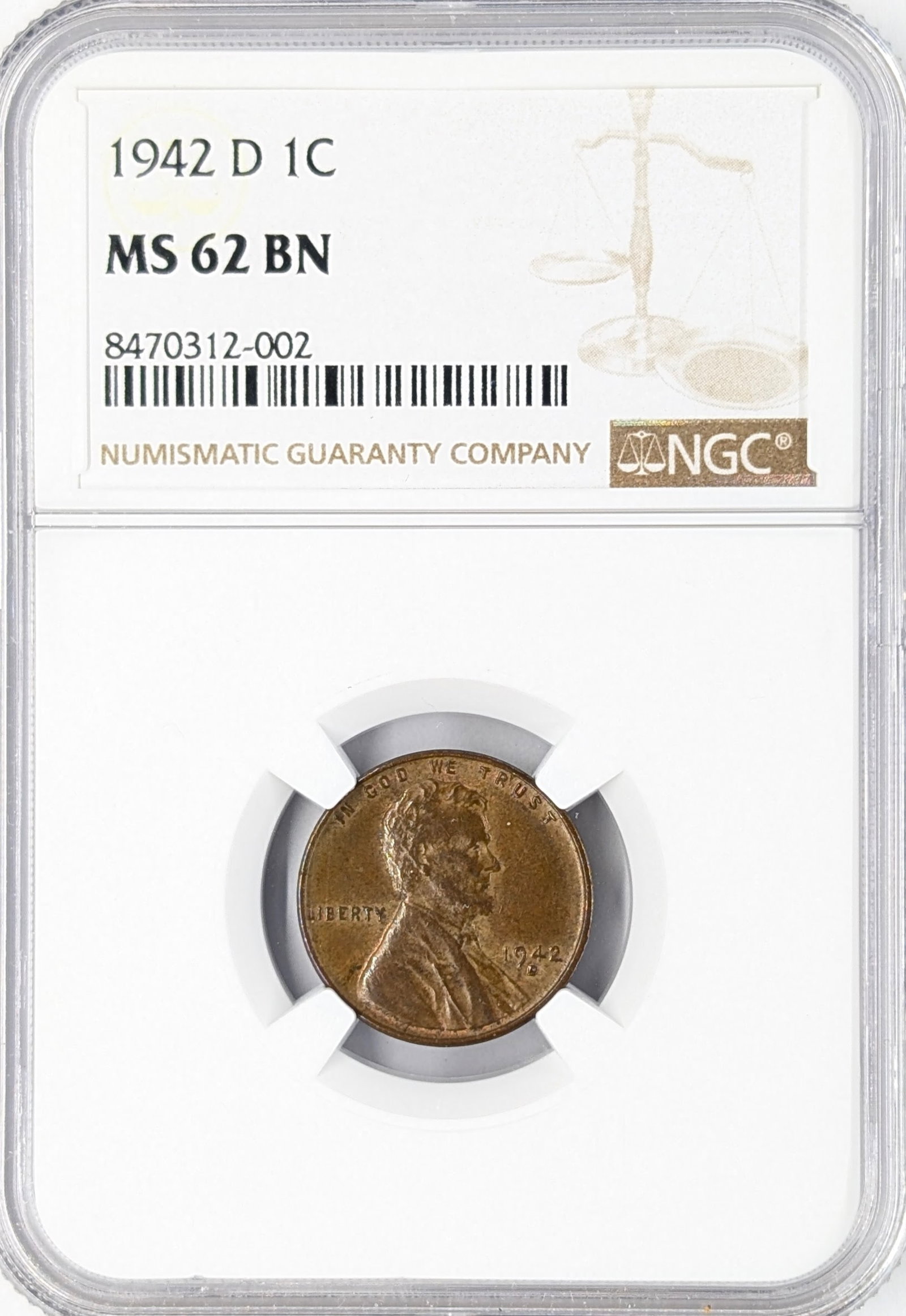 NGC 1942-D MS62 BN Wheat Cent: Coin