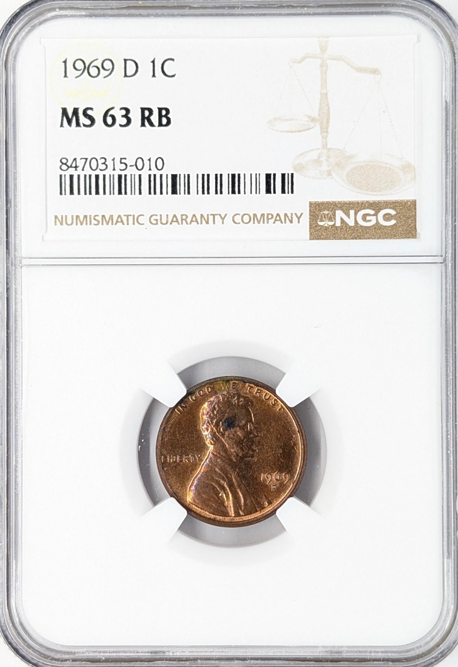 NGC 1969-D MS63 RB Lincoln Cent: Coin