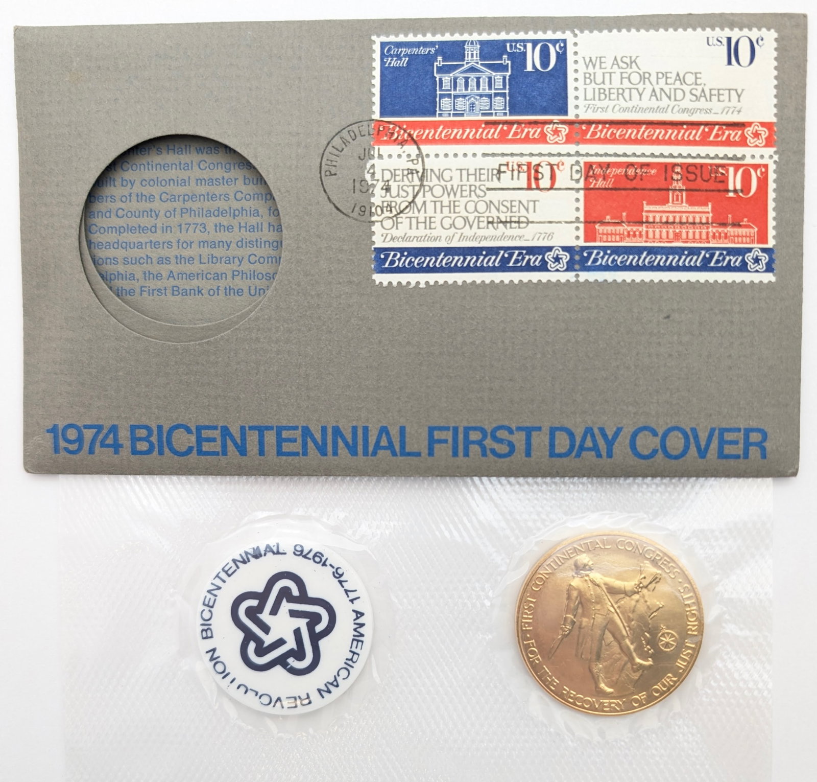 1974 American Revolution Bicentennial Commemorative Medal & Stamp - 2