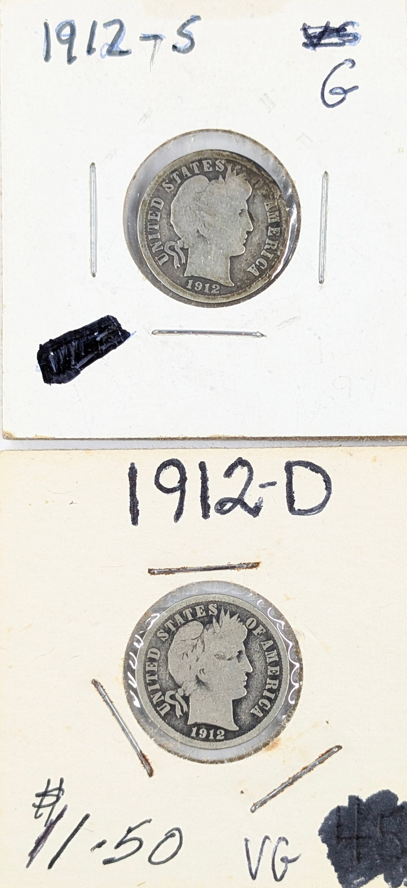 Lot of 2 Silver Barber Dimes - 1912 D/S: Silver