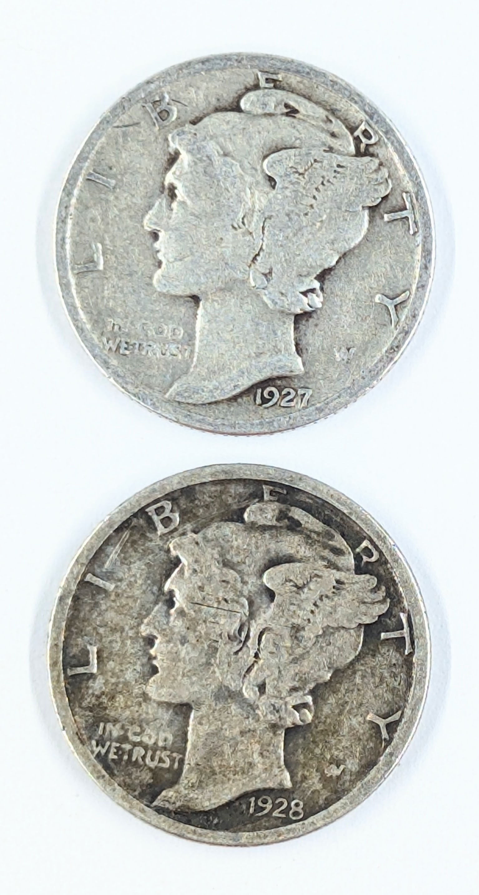 Lot of 2 Silver Mercury Dimes - 1927, 1928: Silver