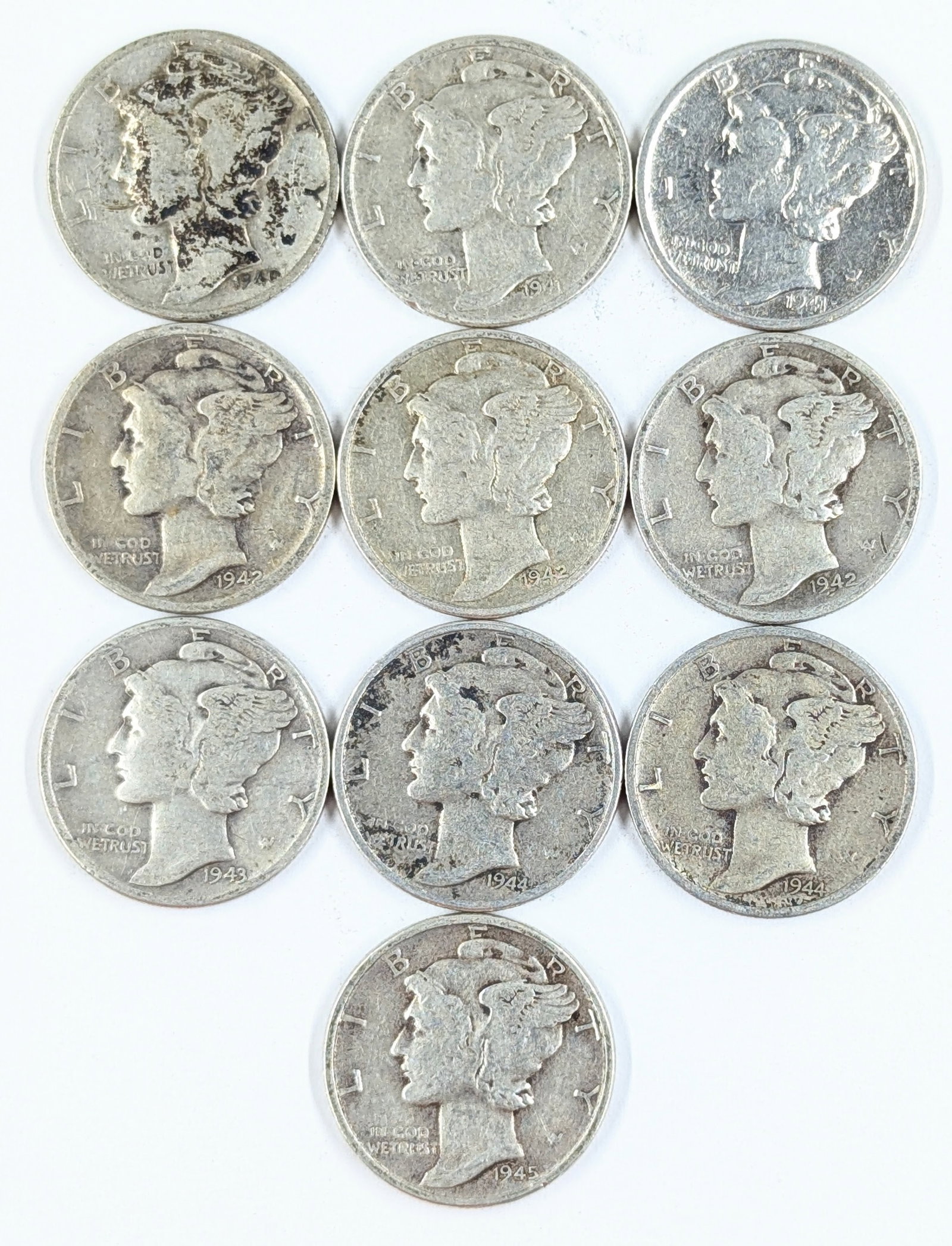 Lot of 10 Silver Mercury Dimes - 1940-1945: Silver
