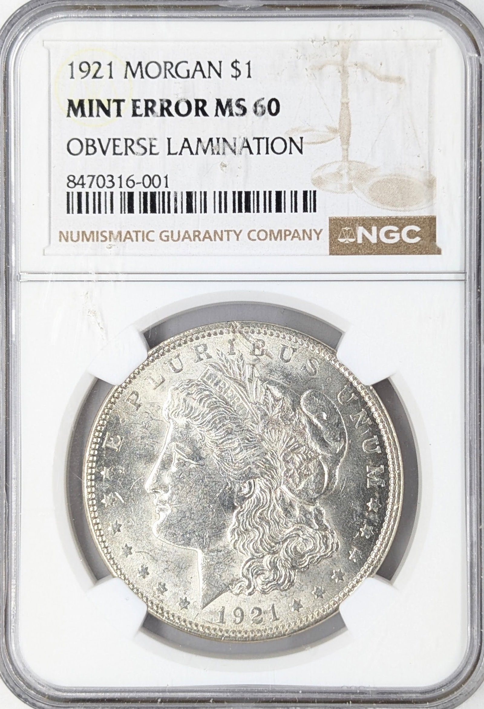 NGC 1921 MS60 Morgan Silver Dollar - Error Obverse Lamination: Silver