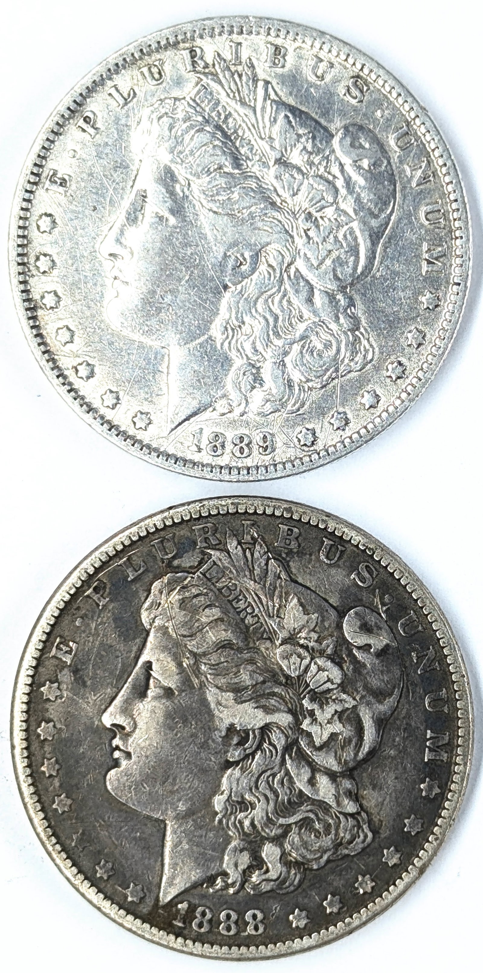 Lot of 2 Morgan Silver Dollars - 1888, 1889-O: Silver