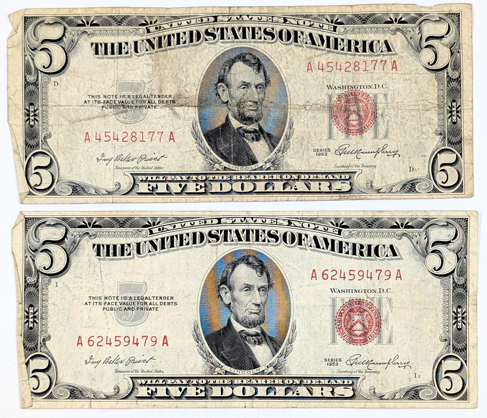 Lot of 2 - 1953 $5 Notes - Red Seals: Heavily Circulated Condition
