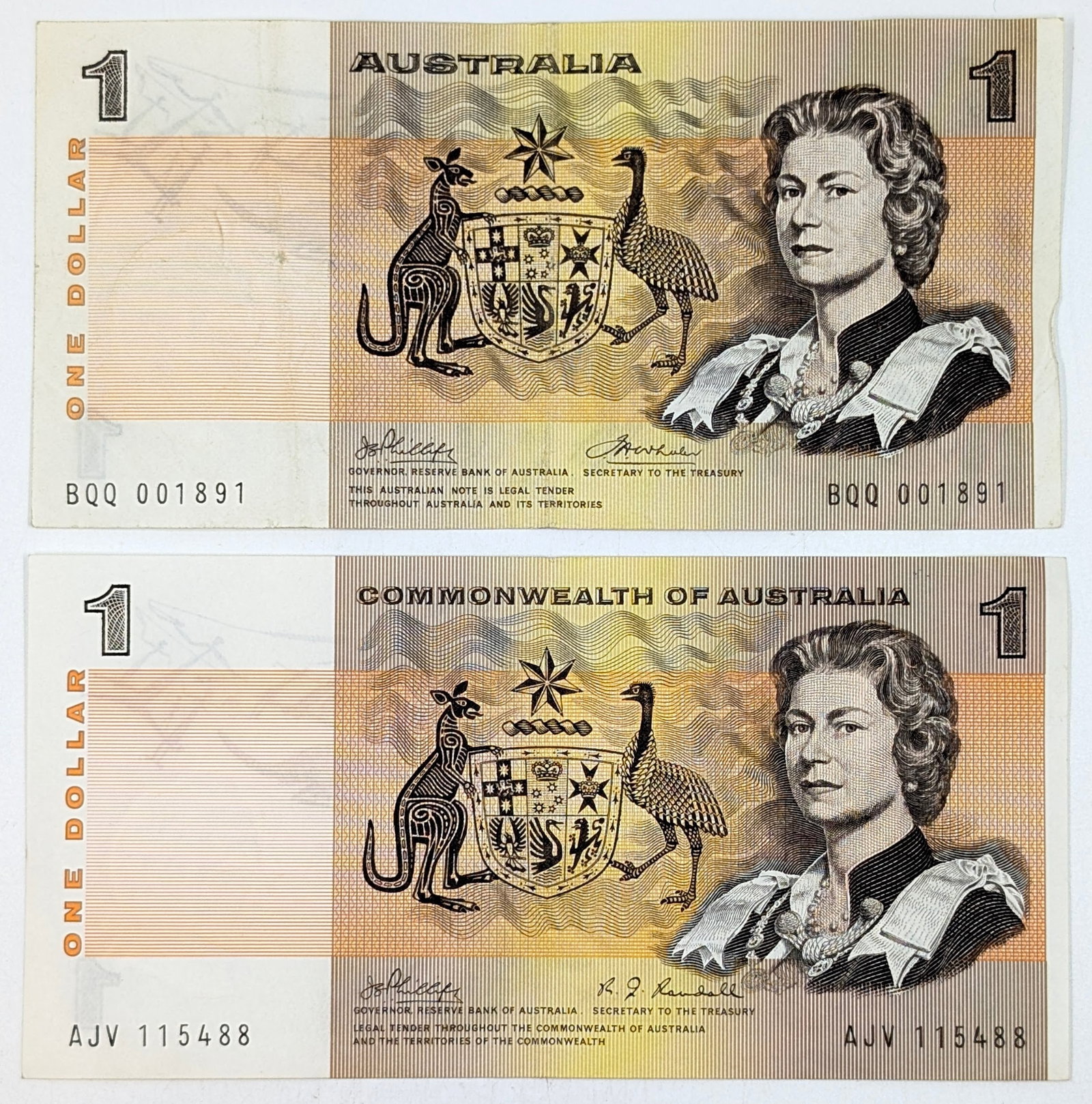 Lot of 2 Australian $1 Notes: Circulated Condition