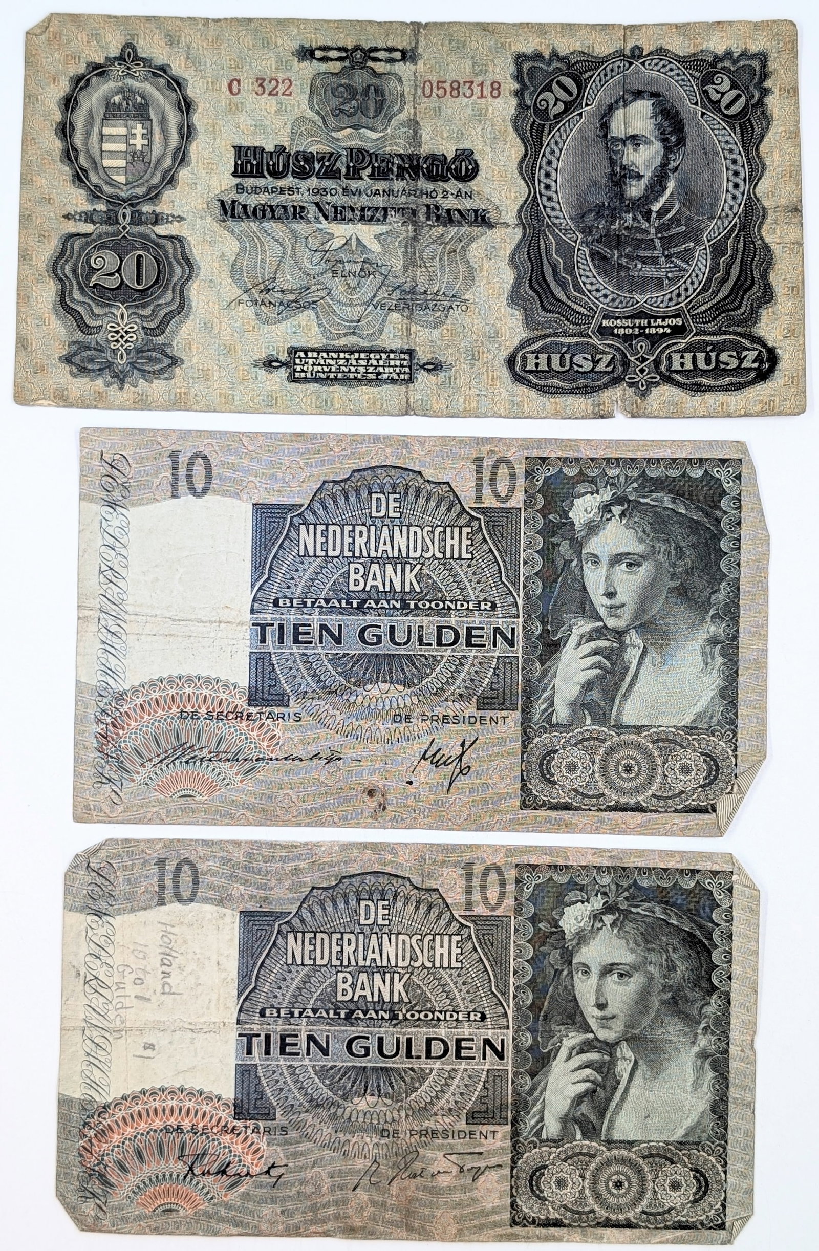 Lot of 3 Foreign Notes - Hungary 20 Pengo & Netherlands 10 Gulden: Heavily Circulated Condition