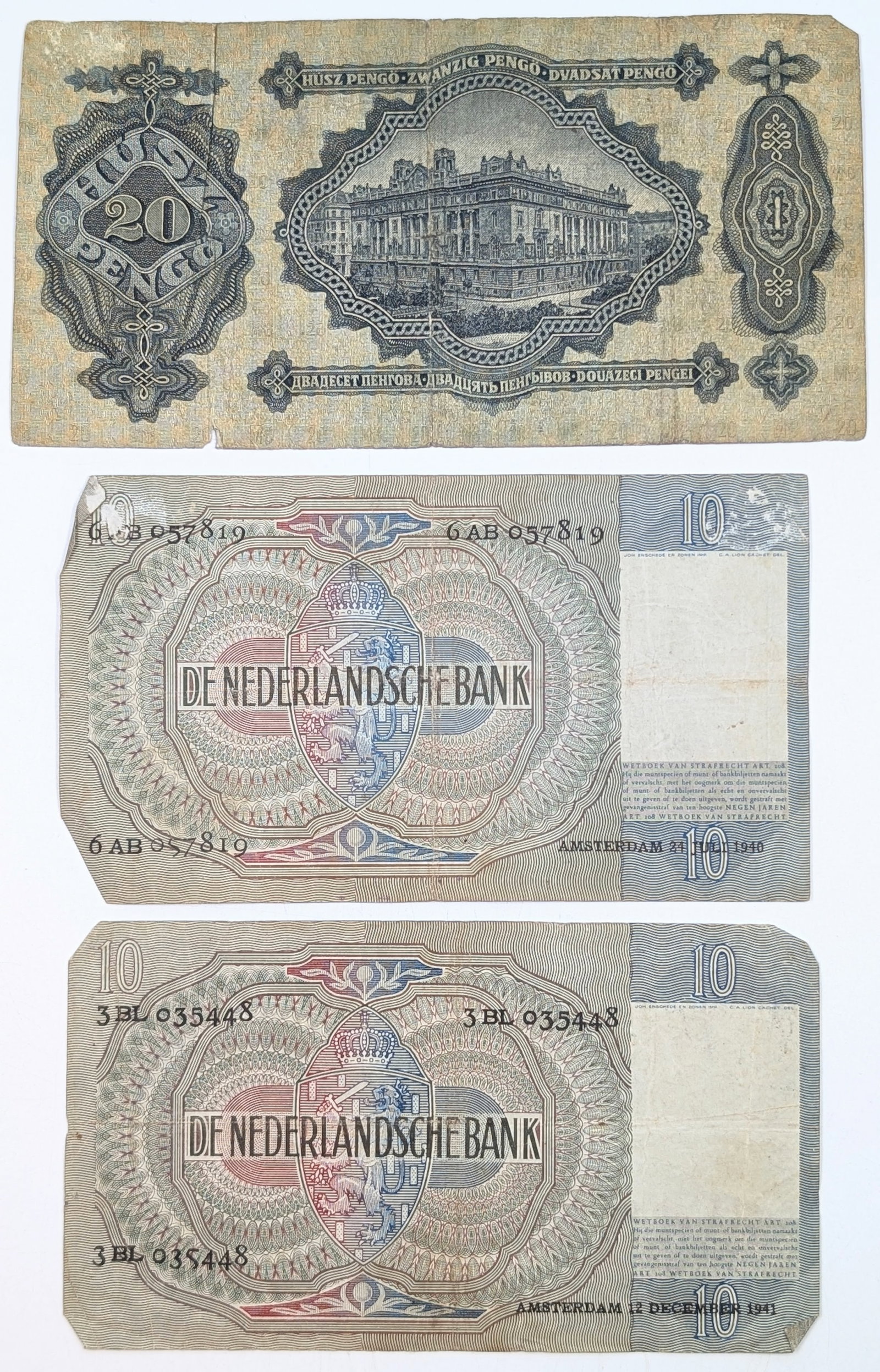 Lot of 3 Foreign Notes - Hungary 20 Pengo & Netherlands 10 Gulden - 2