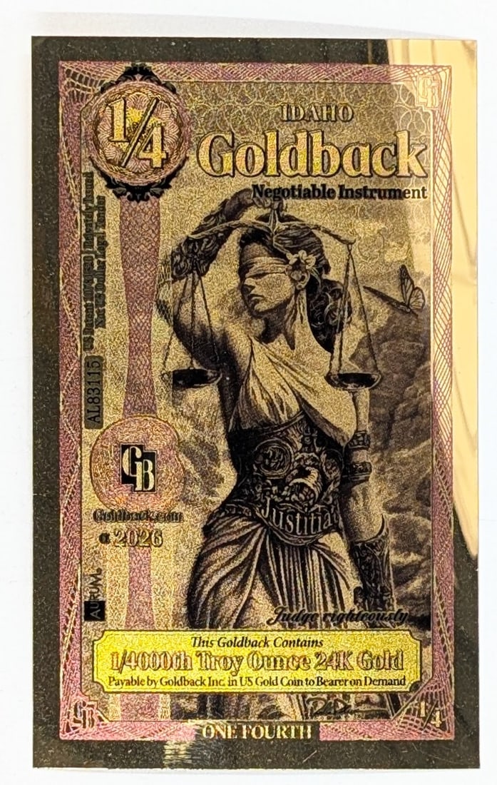 2026 1/4 Idaho Goldback 1/4000th Troy Ounce 24K Gold: Goldback