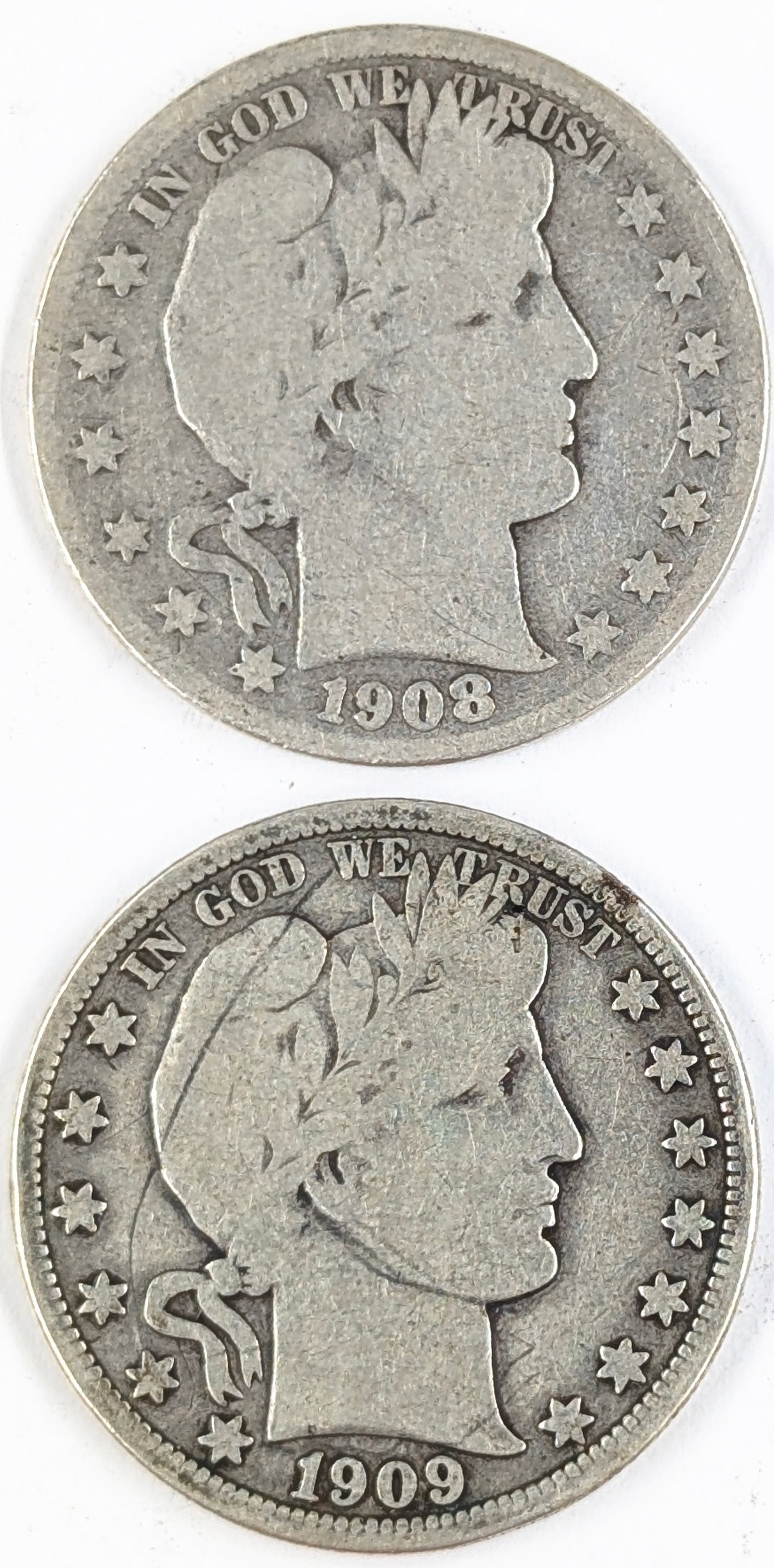 Lot of 2 Silver Barber Half Dollars - 1908-S, 1909: Silver