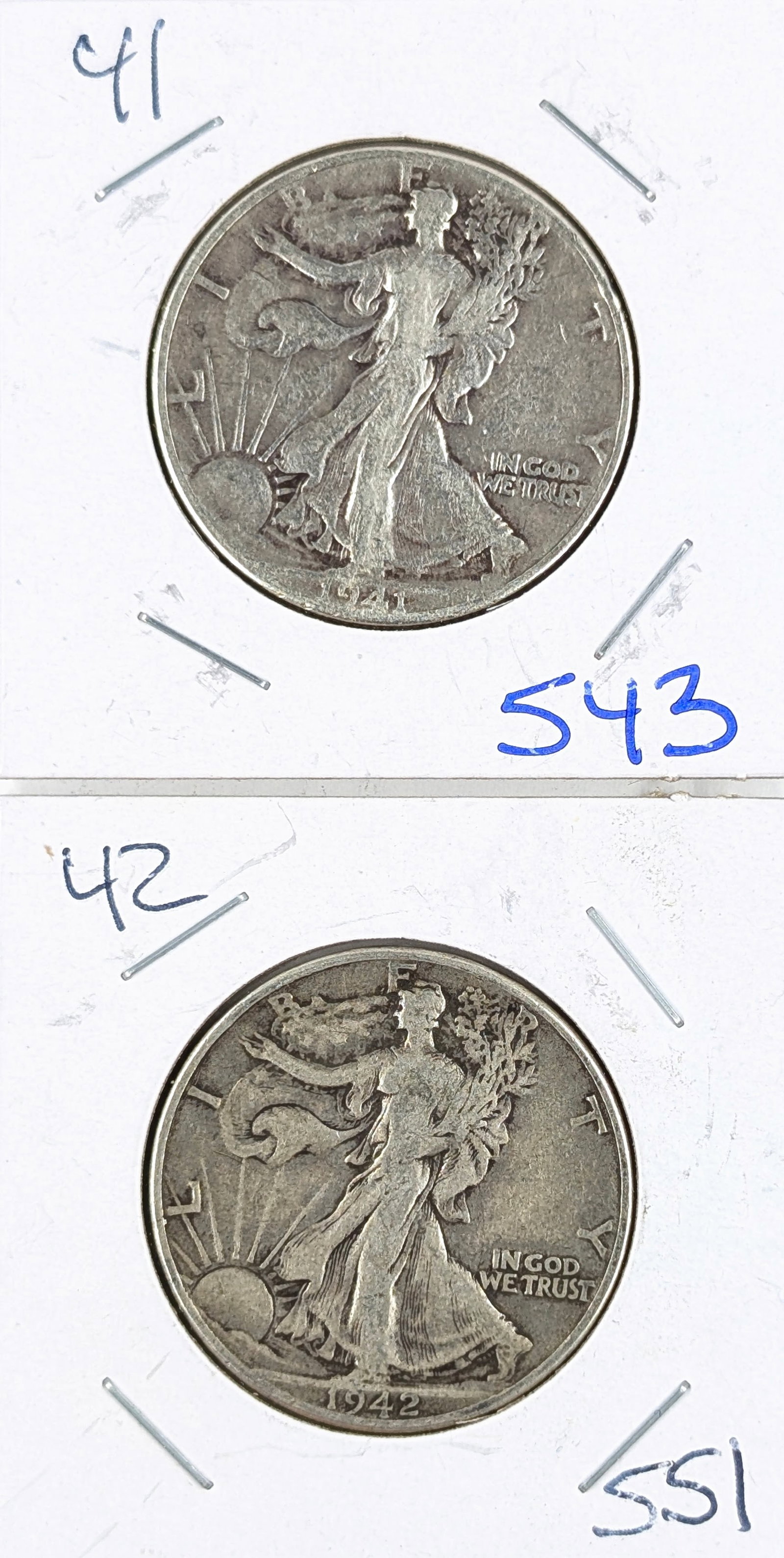 Lot of 2 Silver Walking Liberty Half Dollars - 1941, 1942: Silver