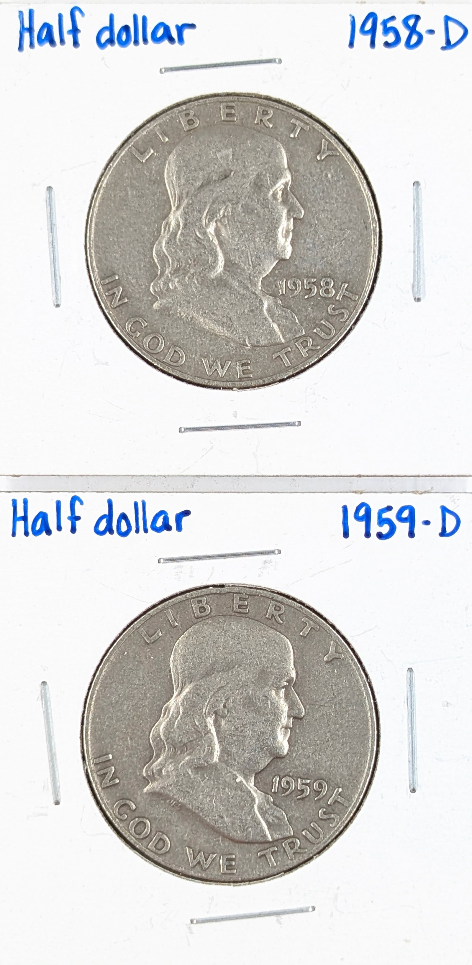 Lot of 2 Silver Franklin Half Dollars - 1958-D, 1959-D (1 of 2)