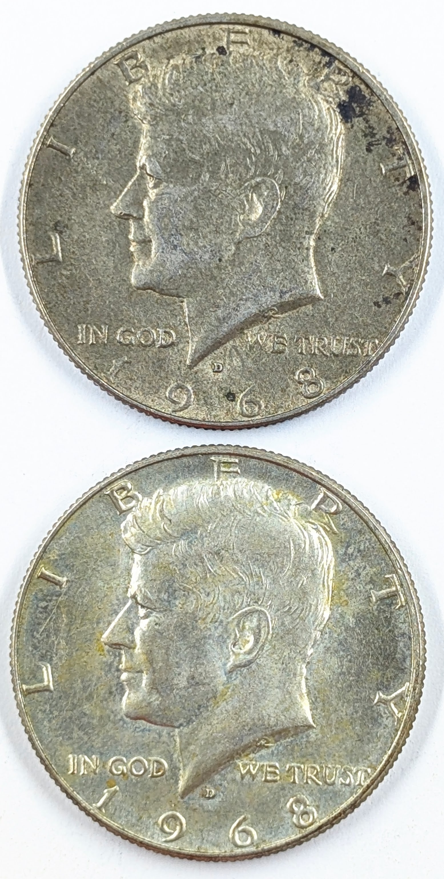 Lot of 2 Silver John F Kennedy Half Dollars - 1968-D: 40% Silver