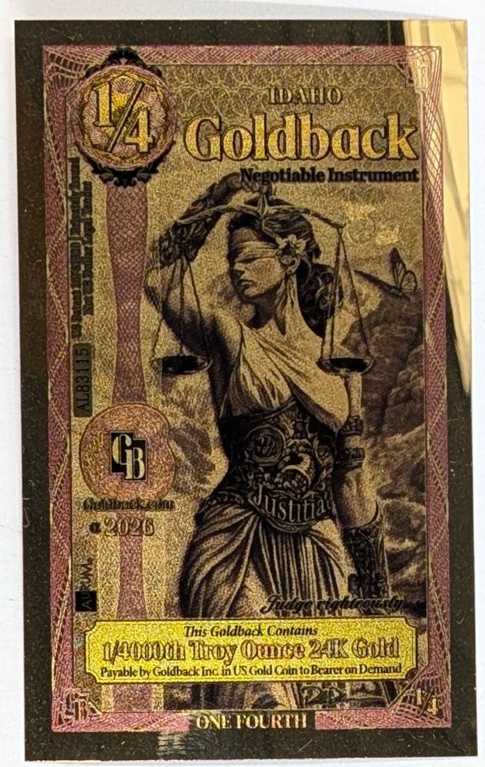 2026 1/4 Idaho Goldback 1/4000th Troy Ounce 24K Gold: Goldback