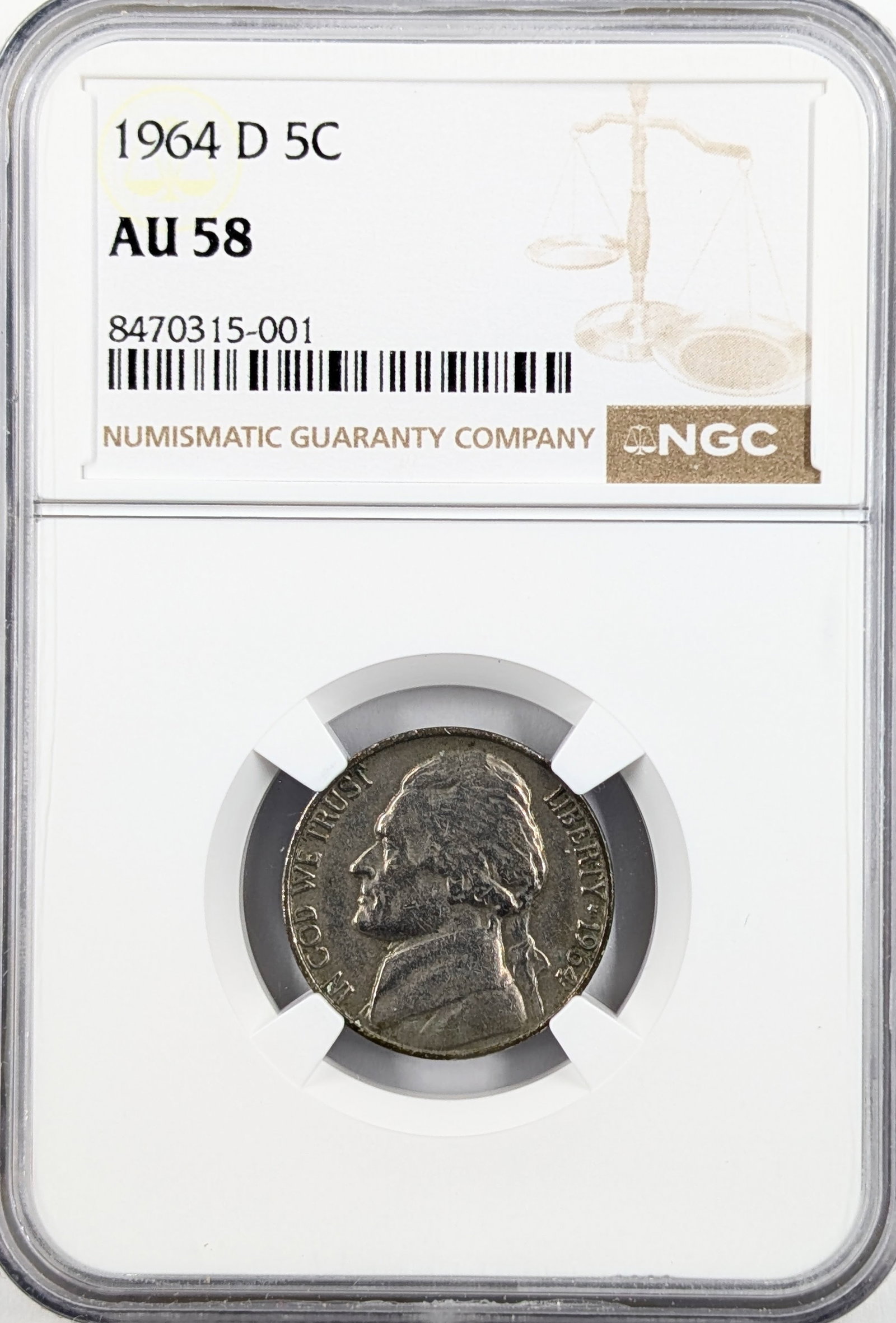 NGC 1964-D AU58 Jefferson Nickel: Coin