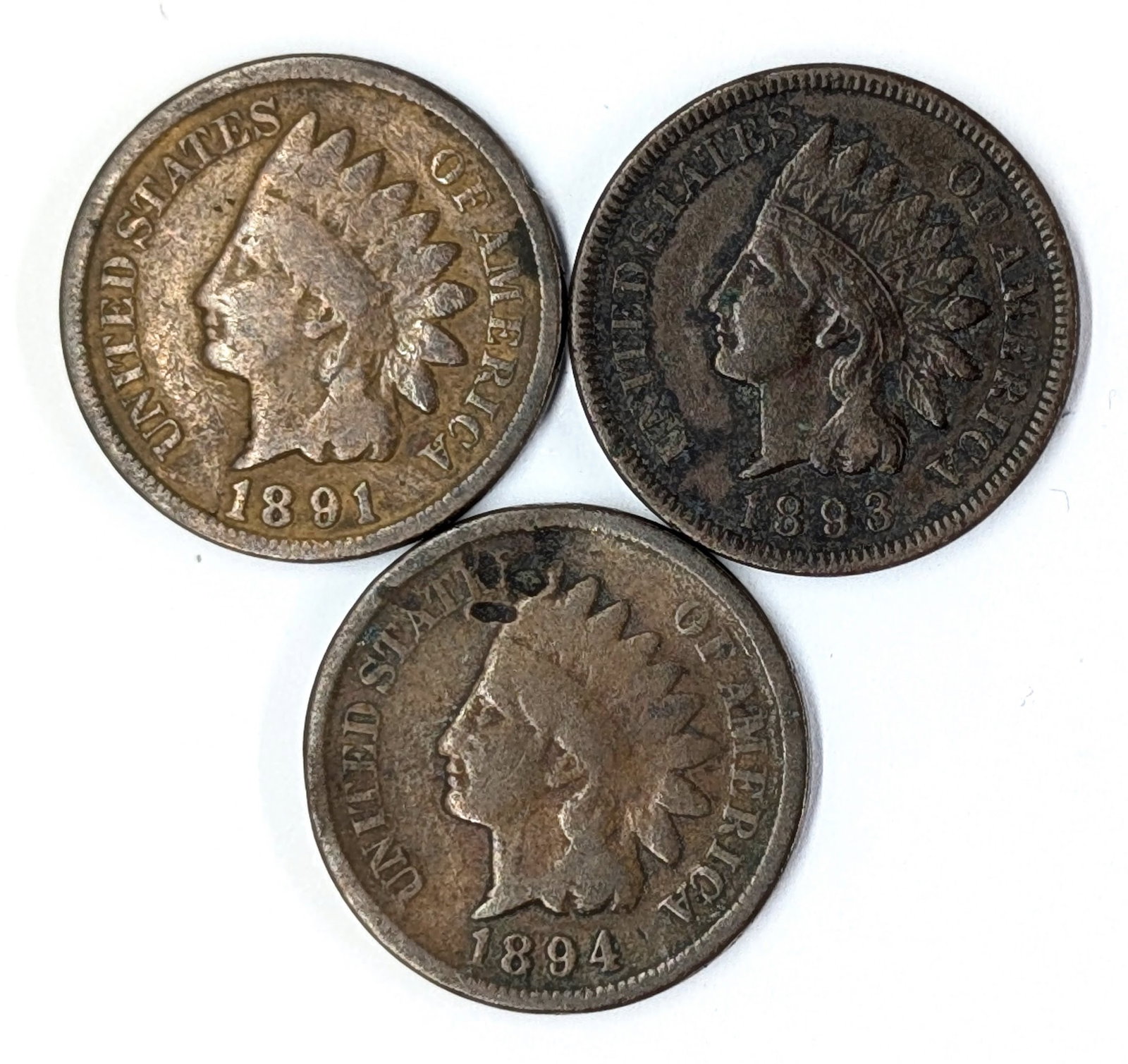 Lot of 3 Indian Head Cents - 1891, 1893, 1894 (1 of 2)