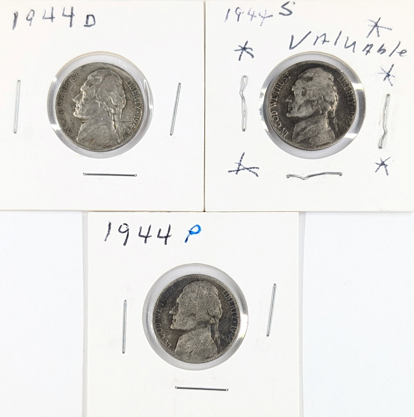 Lot of 3 Silver War Nickels - 1944 P/D/S: 35% Silver