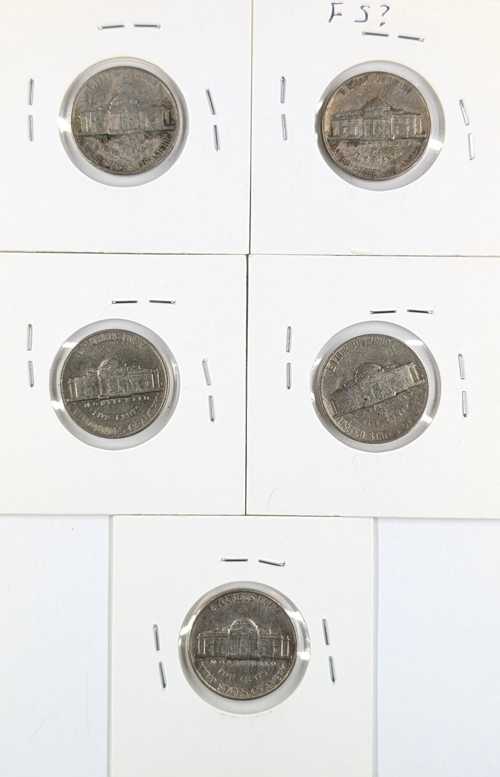 Lot of 5 Jefferson Nickels - 1948 P/D, 1949 P/D/S - 2