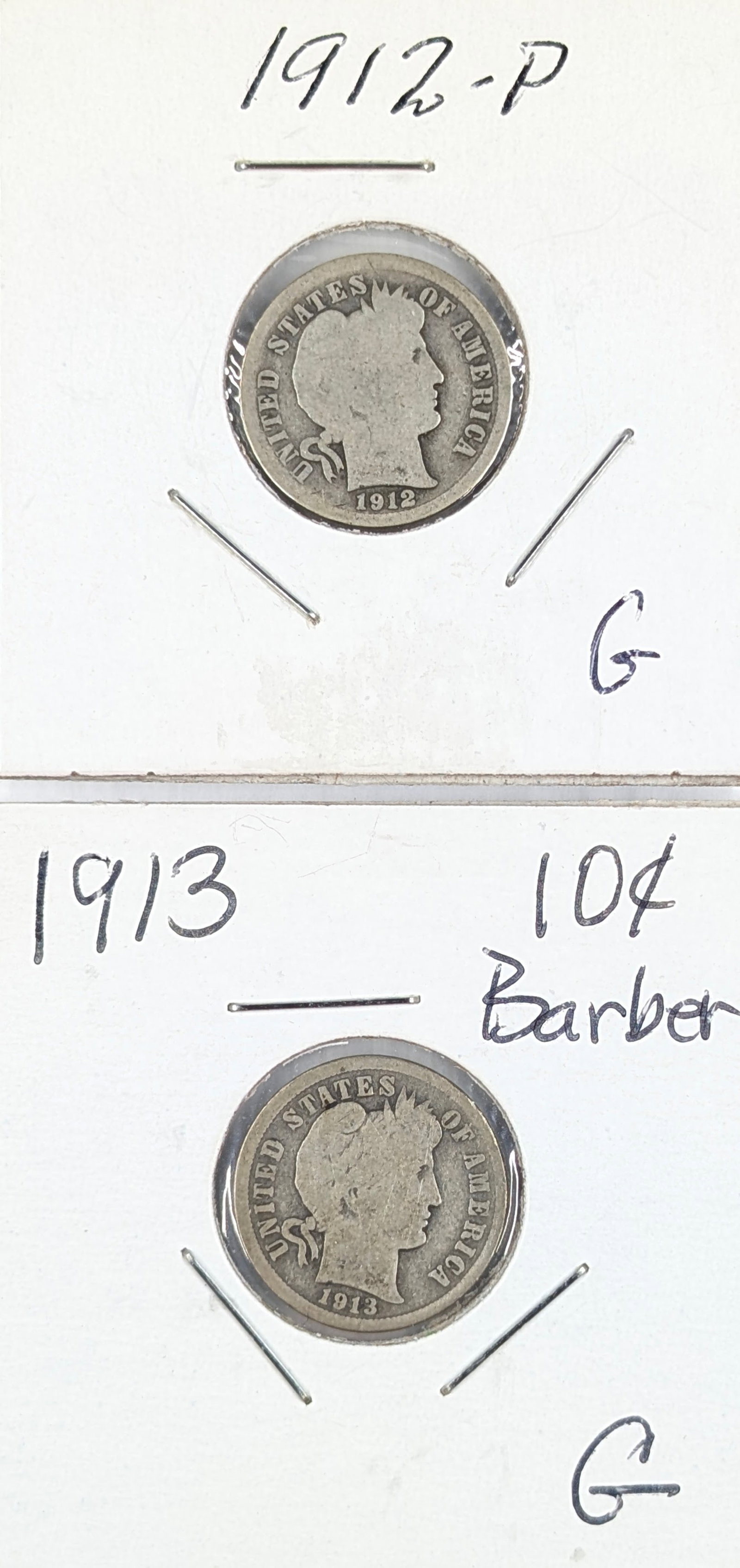 Lot of 2 Silver Barber Dimes - 1912, 1913: Silver