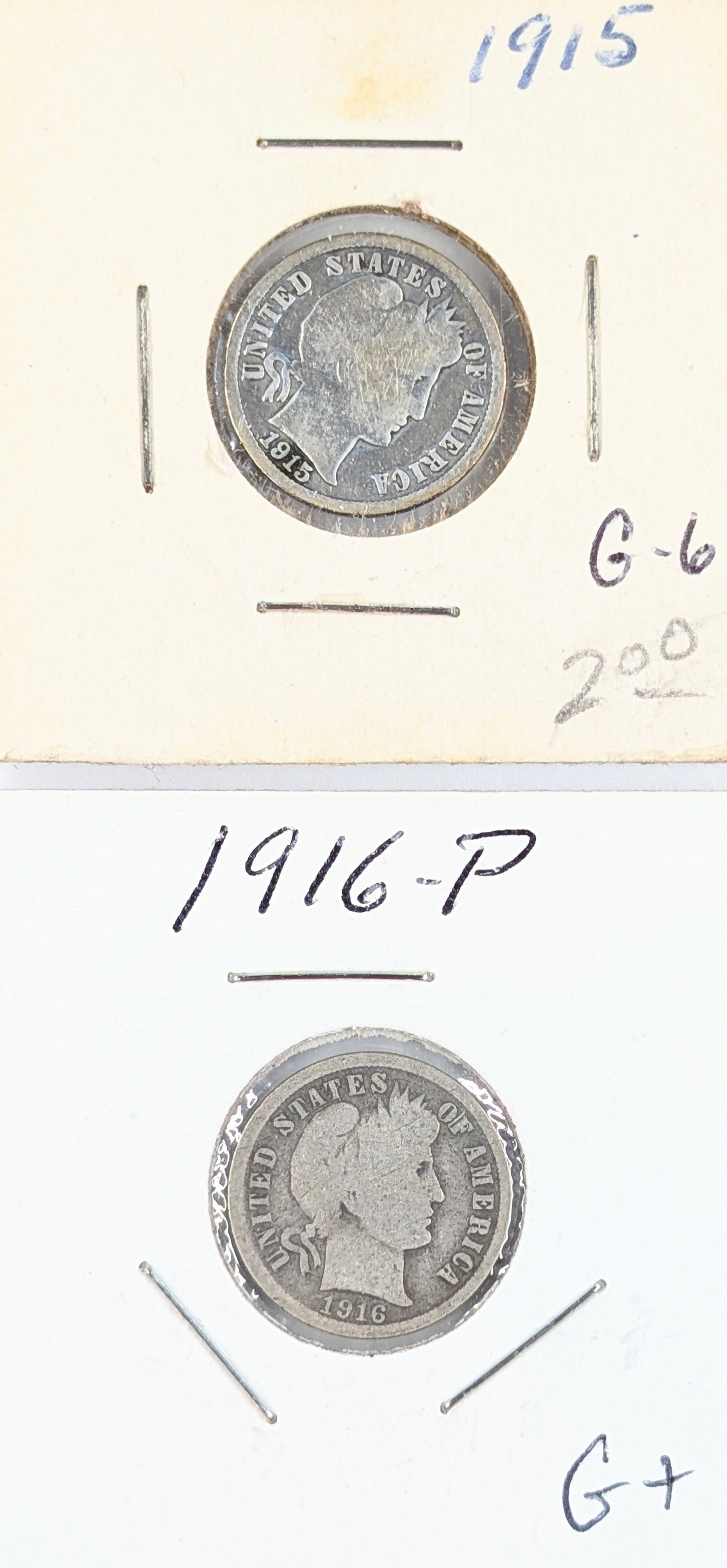 Lot of 2 Silver Barber Dimes - 1915, 1916: Silver