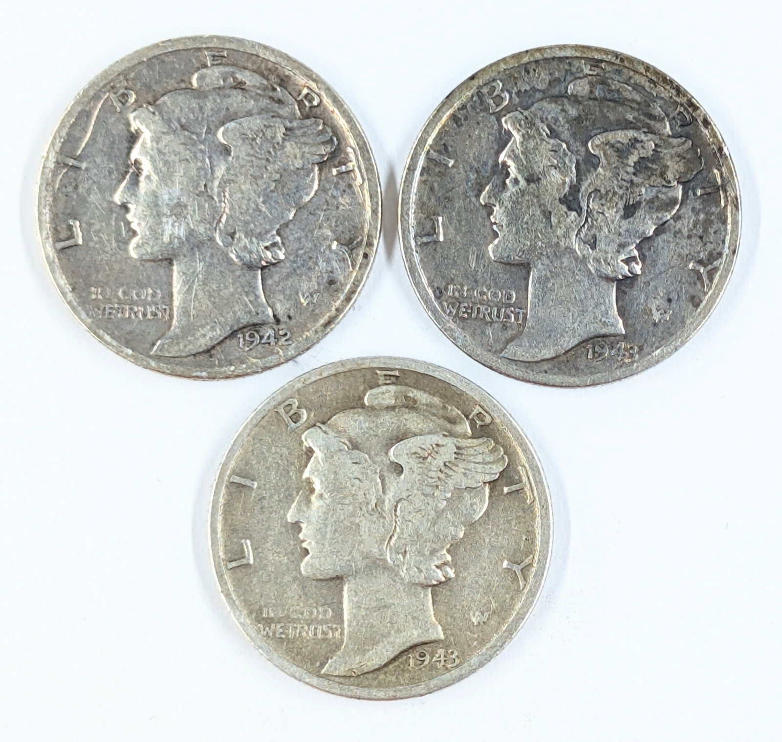 Lot of 3 Silver Mercury Dimes - 1942, 1943 D/S: Silver