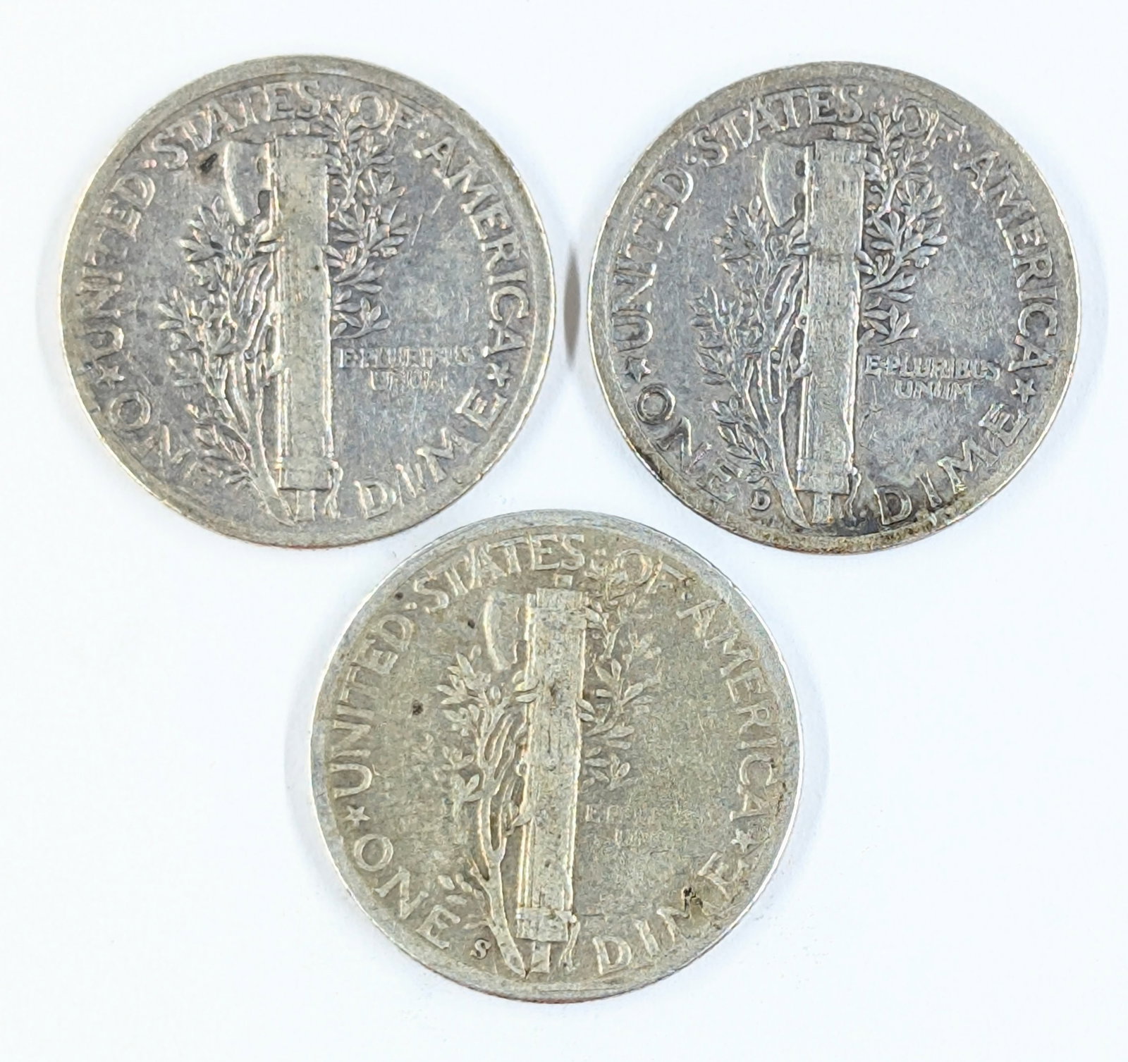 Lot of 3 Silver Mercury Dimes - 1942, 1943 D/S - 2