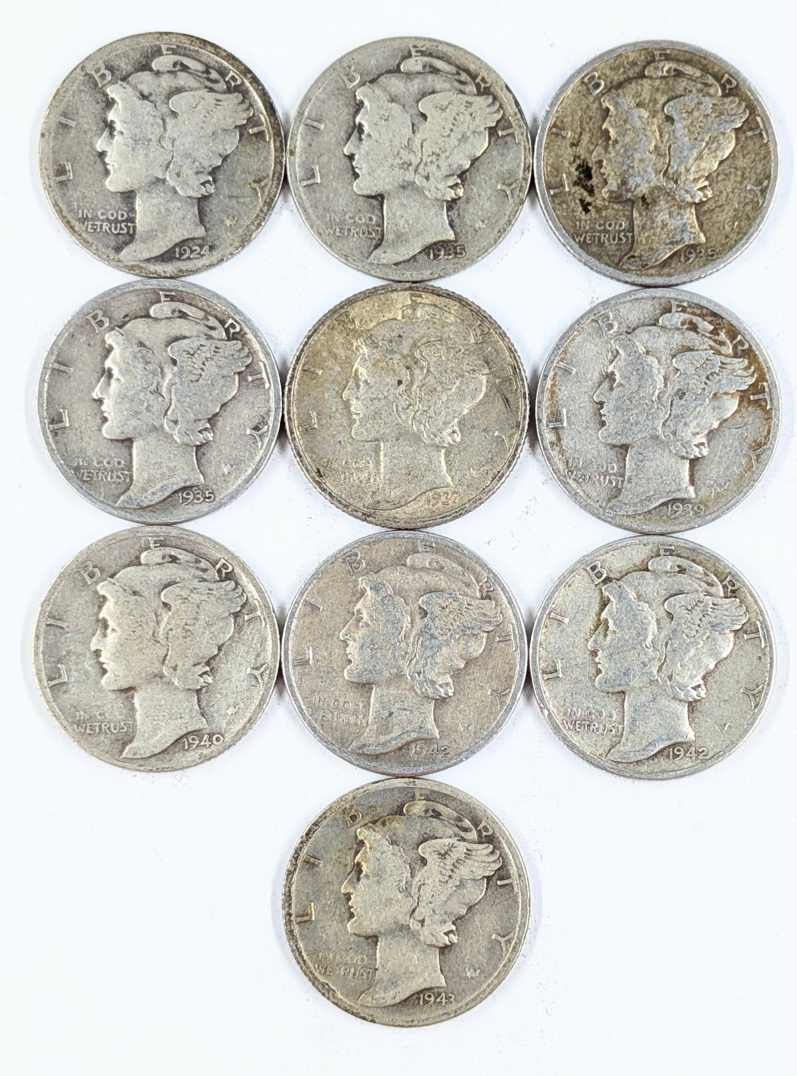 Lot of 10 Silver Mercury Dimes - 1924-1943 (1 of 2)