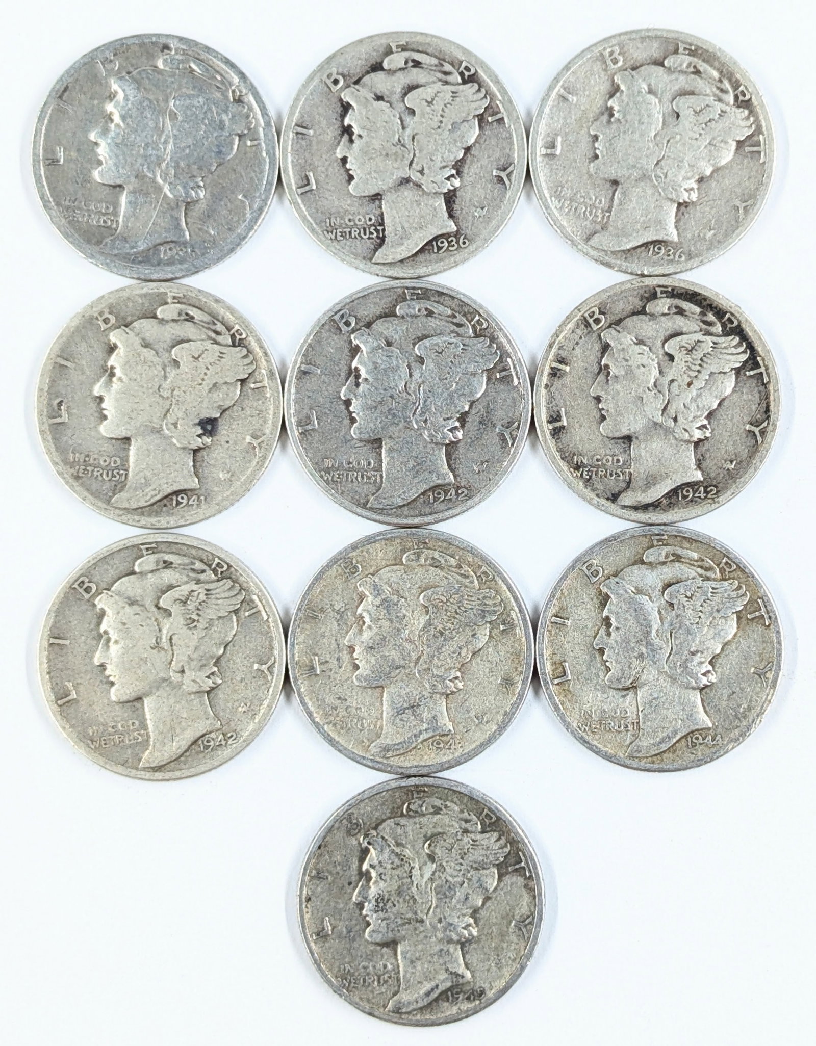 Lot of 10 Silver Mercury Dimes - 1935-1945 (1 of 2)